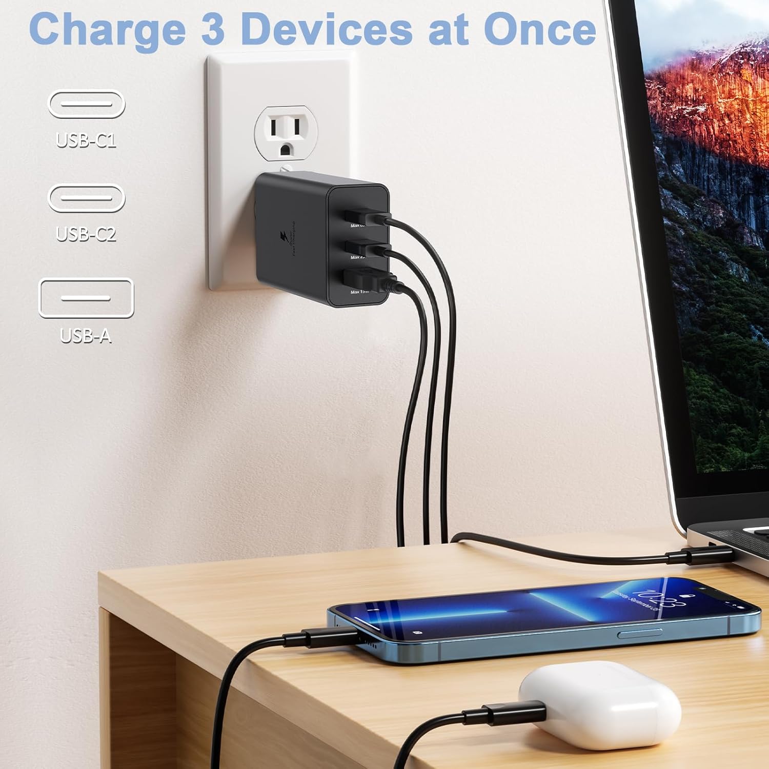 Samsung 65W Trio Adapter-3-Port GaN Cargador de pared de carga súper rápida para Samsung Galaxy S23 UltraS23S23+S22 UltraS22S21S20Note