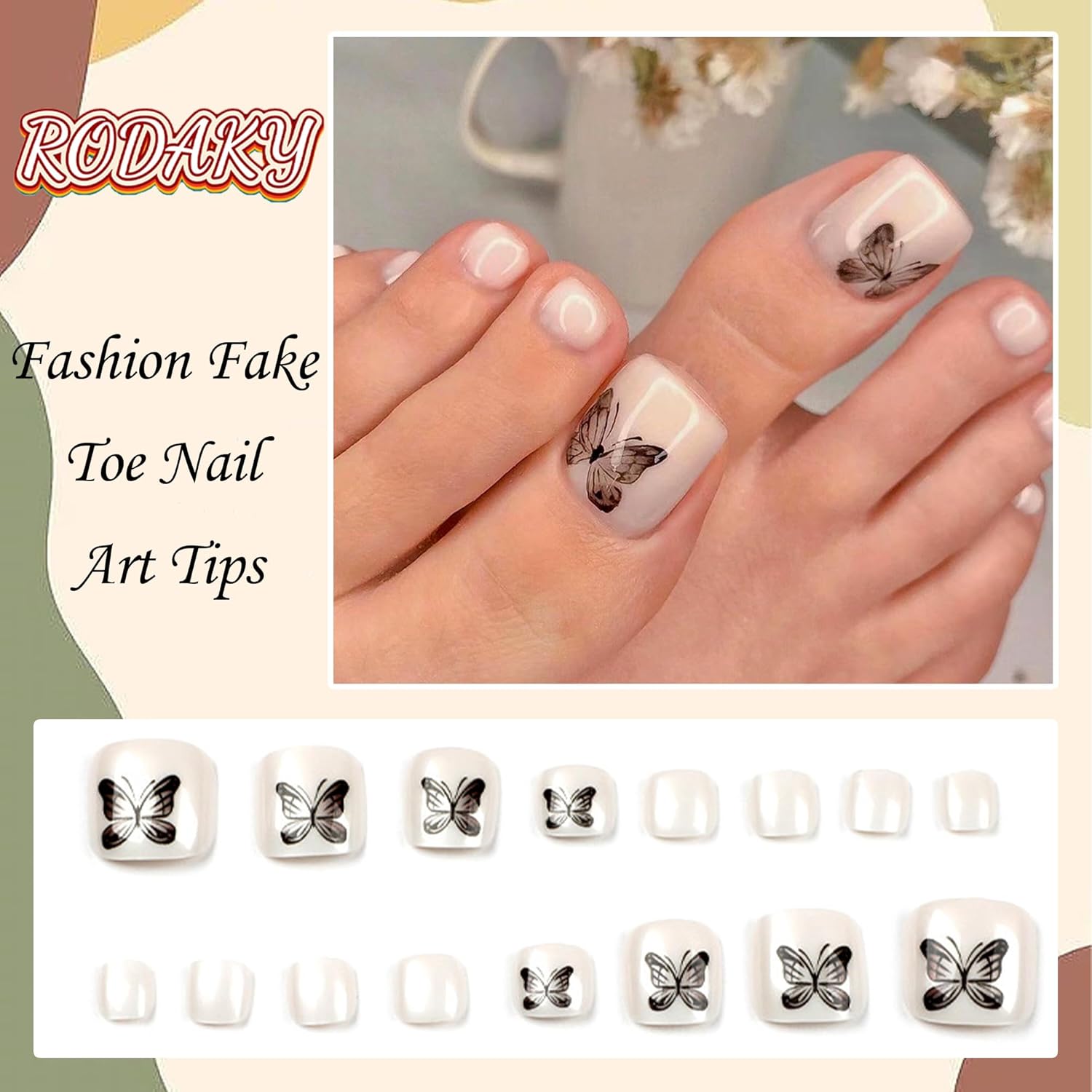 RODAKY Uñas postizas a presión para mujer, uñas postizas blancas para los dedos de los pies, cubierta completa, mariposa negra, uñas postizas, punta