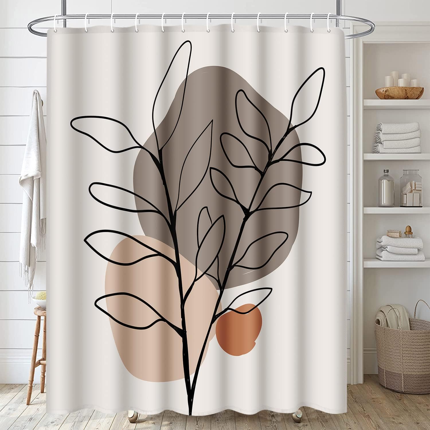 ArtSocket Juego de baño de hojas tropicales con cortina de ducha y accesorios de alfombras, cortina de ducha floral de mediados de siglo para baño,