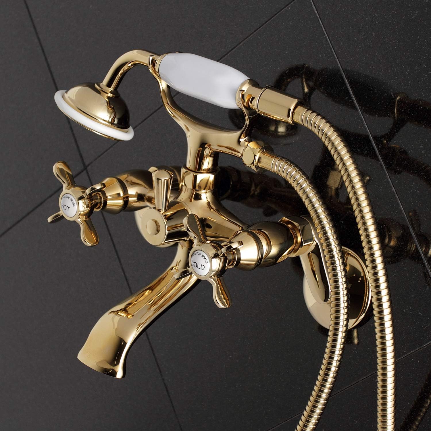 Kingston Brass KS286PB Essex – Grifo de bañera de pared con ducha de mano, alcance de boquilla de 7-14 pulgadas, latón pulido