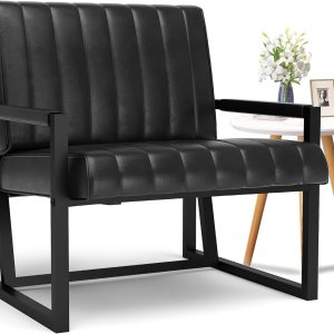 Recaceik Silla decorativa moderna de mediados de siglo, sillón tapizado de piel sintética con marco de metal, cojín de asiento de 4.1 pulgadas de Recaceik Silla decorativa moderna de mediados de siglo, sillón tapizado de piel sintética con marco de metal, cojín de asiento de 4.1 pulgadas de