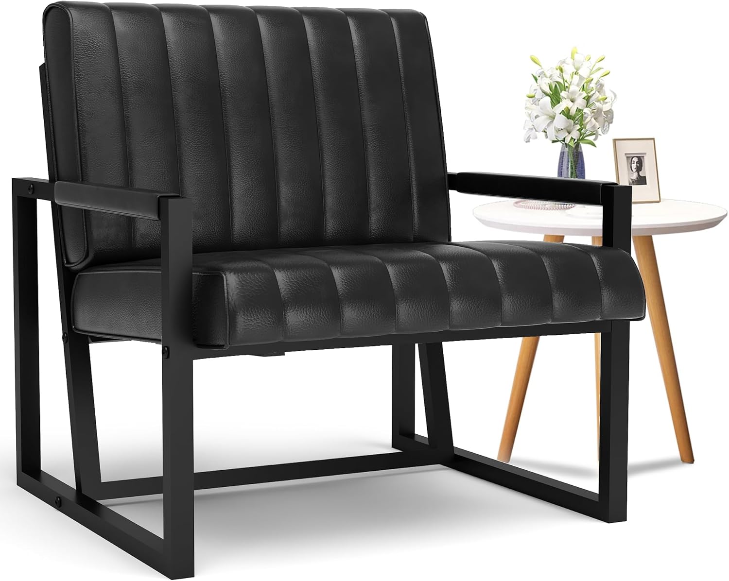 Recaceik Silla decorativa moderna de mediados de siglo, sillón tapizado de piel sintética con marco de metal, cojín de asiento de 4.1 pulgadas de