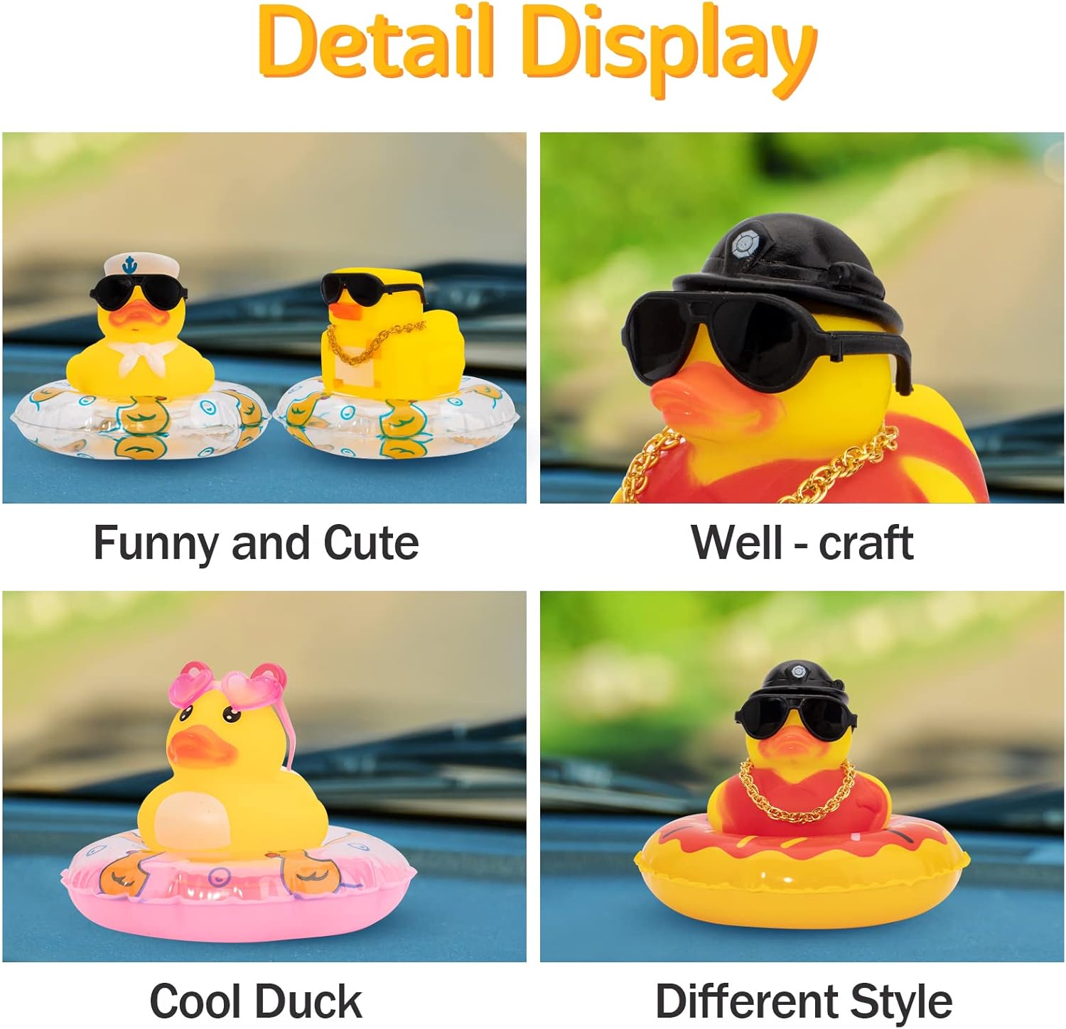 Wonuu Decoración de pato de goma para automóvil, adorno de tablero con mini collar de anillo de natación y gafas de sol