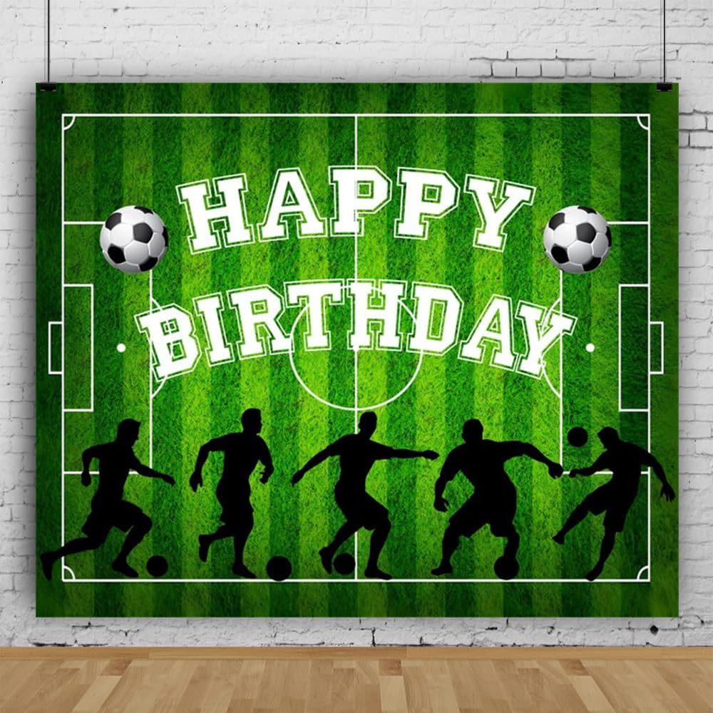 Telón de fondo de campo de fútbol de 5 x 3 pies, feliz cumpleaños, vegetación, fondo de fotografía, juego al aire libre, patrón de fútbol, fiesta