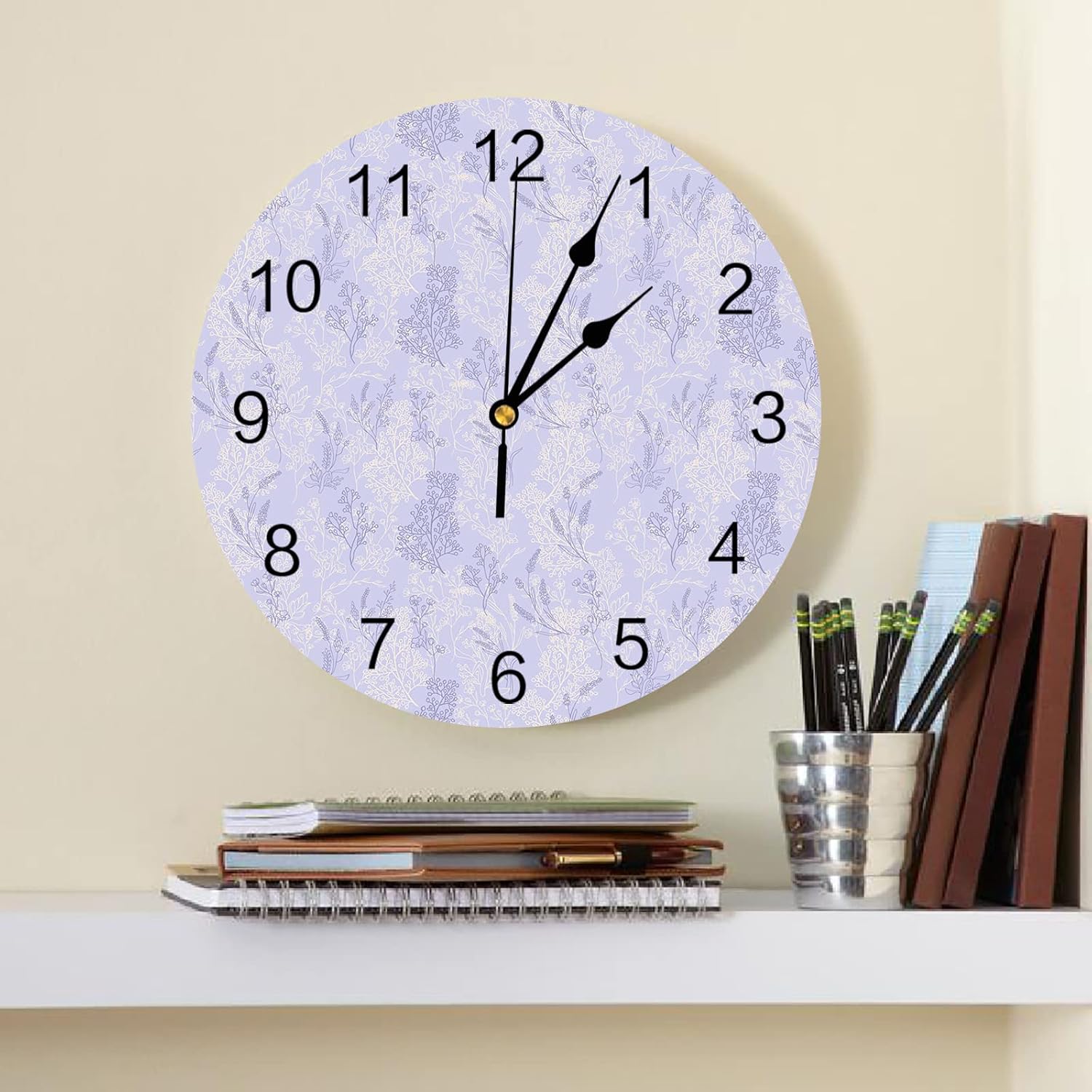 Reloj de pared de 10 pulgadas, silencioso, sin tictac, flores de primavera de lavanda, reloj decorativo redondo para sala de estar, dormitorio,