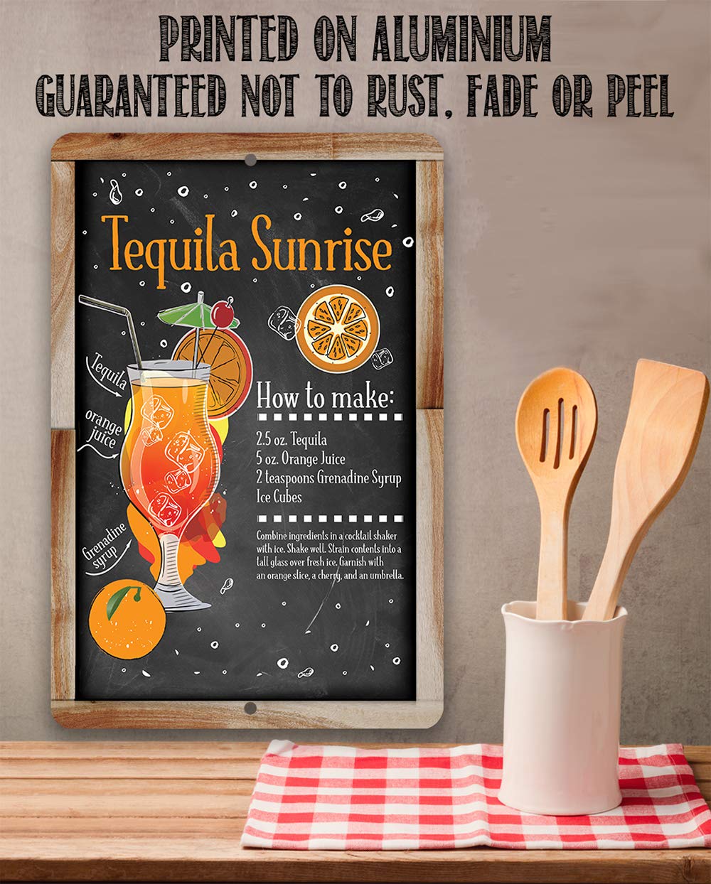 Tequila Sunrise Bar Recipe – Great Cocktail Drink Mix Decoration, Home Bar and Shed Decor, Kitchen and Bar Restaurant Display, 8×12 Indoors or