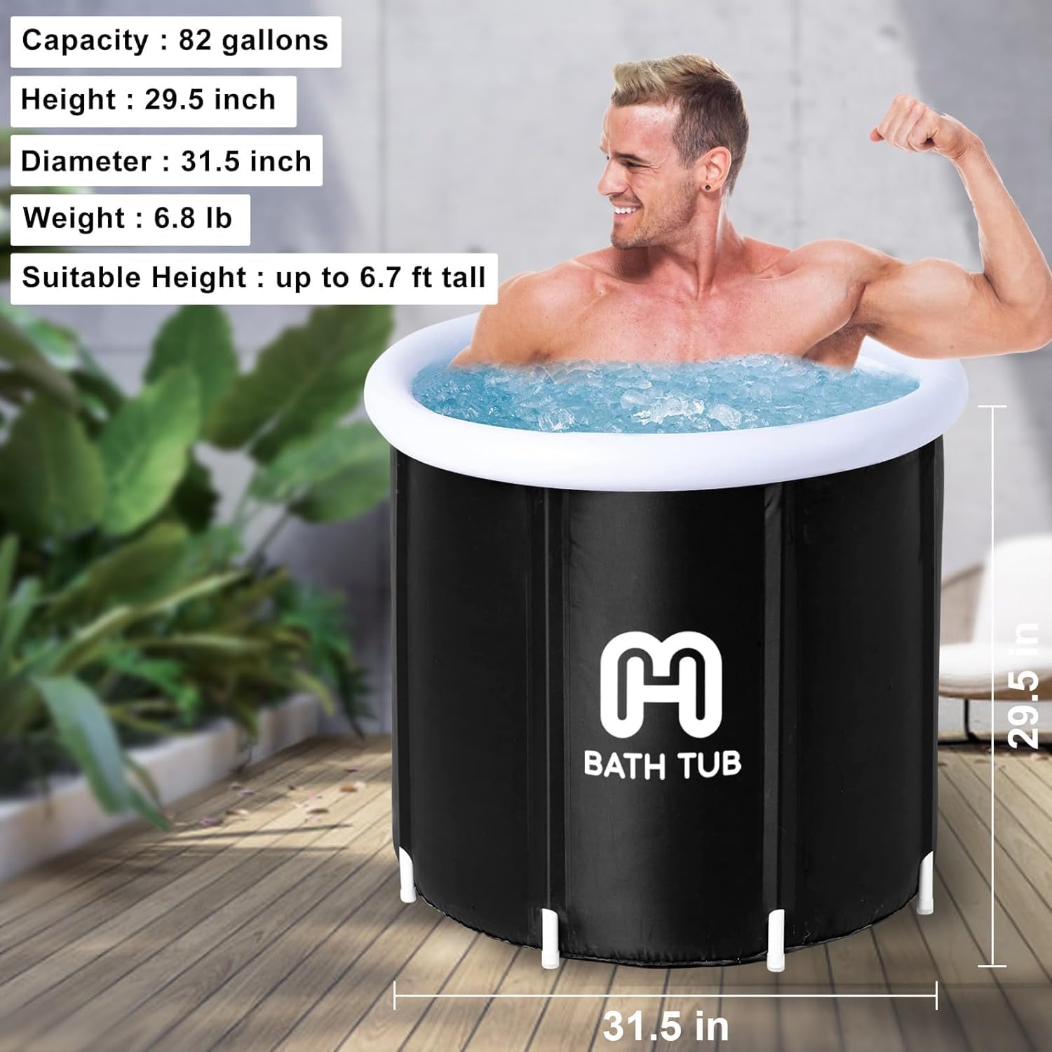 Bañera de hielo plegable portátil para adultos, bañera fría para atletas, tina de hielo de material multicapa, bañera independiente (31.5 x 31.5 x