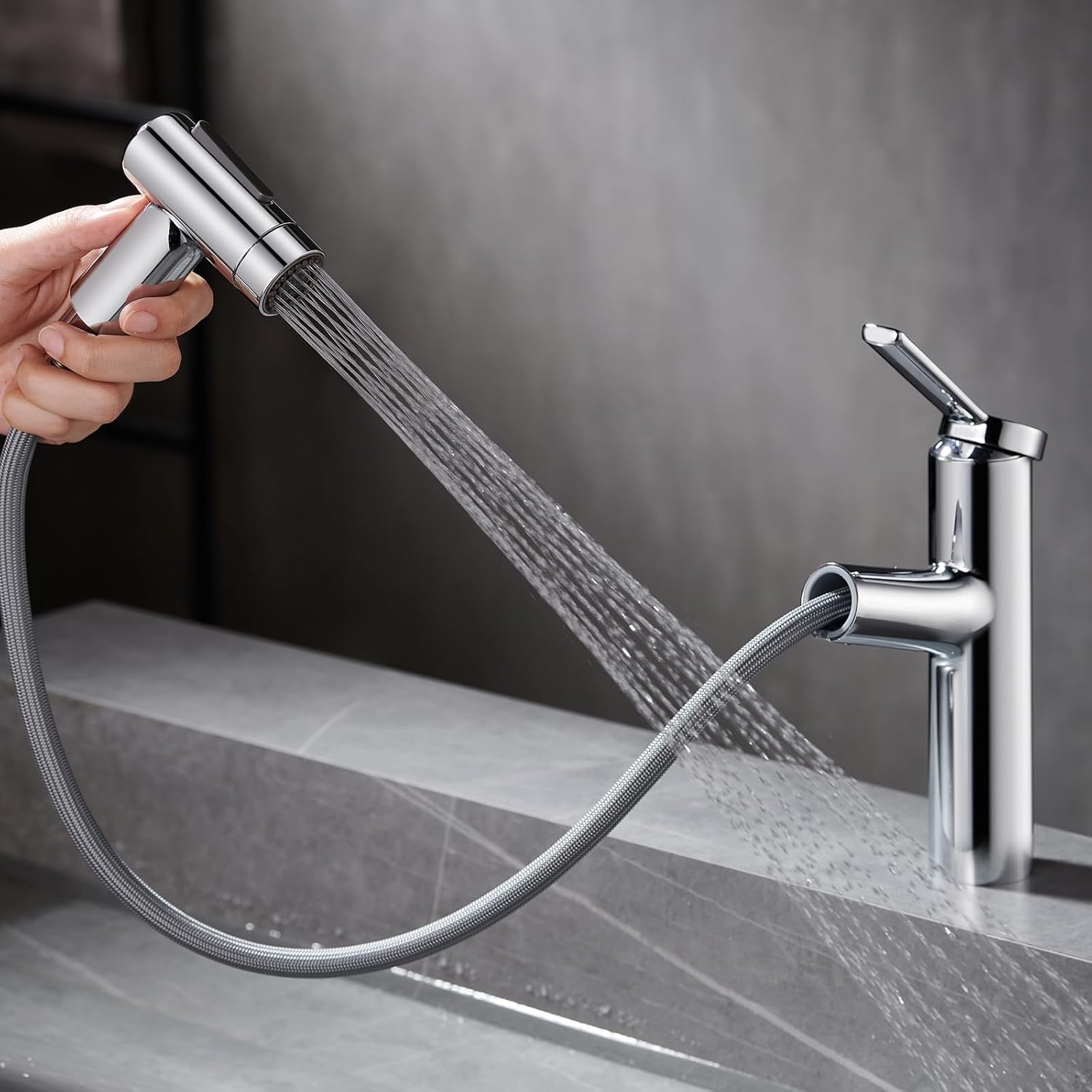Grifo de baño con rociador extraíble, grifo de lavabo de baño de un solo agujero, cromado de una sola manija, grifo de tocador con boquilla