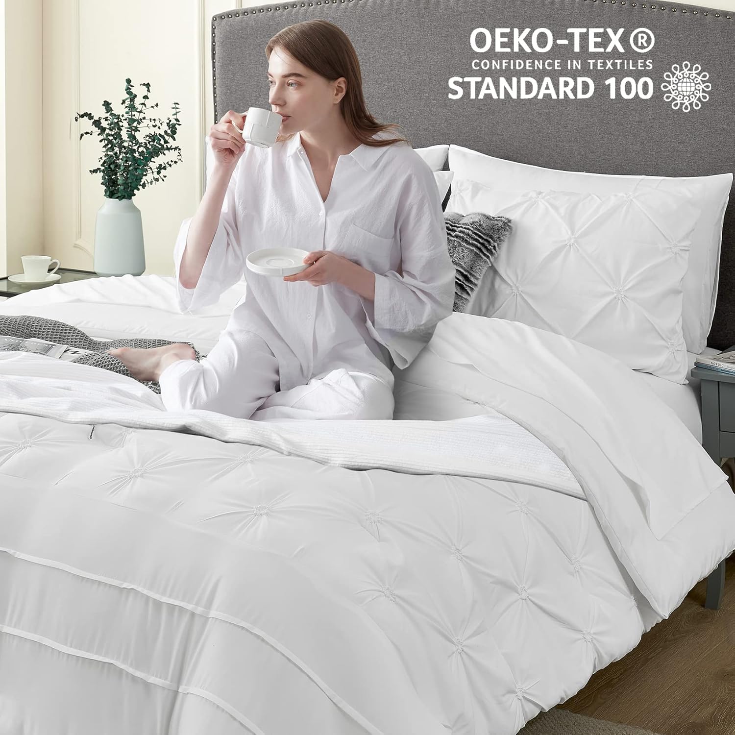 Hansleep Pintuck – Juego de edredón blanco de 7 piezas para cama en una bolsa, tamaño King con pliegues, sábanas, fundas de almohada y fundas de