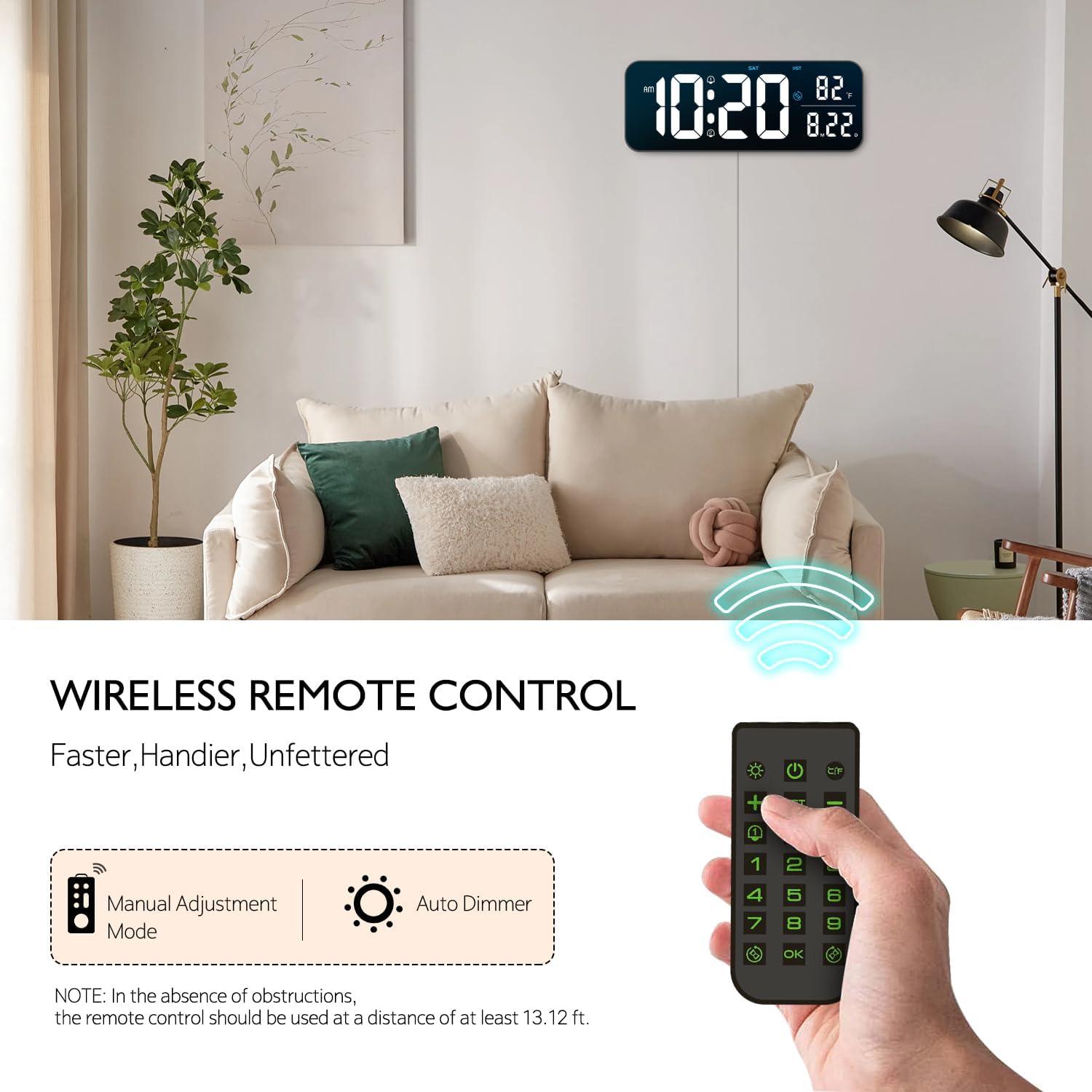 Reloj de pared digital, pantalla LED grande de 15.2 pulgadas con control remoto, 2 despertadores, DST, atenuación automática, 1224 horas,
