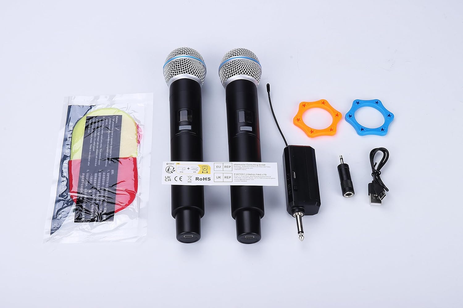 D Debra Sistema de micrófono inalámbrico Audio Dual Micrófono de mano dinámico inalámbrico con receptor recargable, para cantar karaoke, boda, DJ,