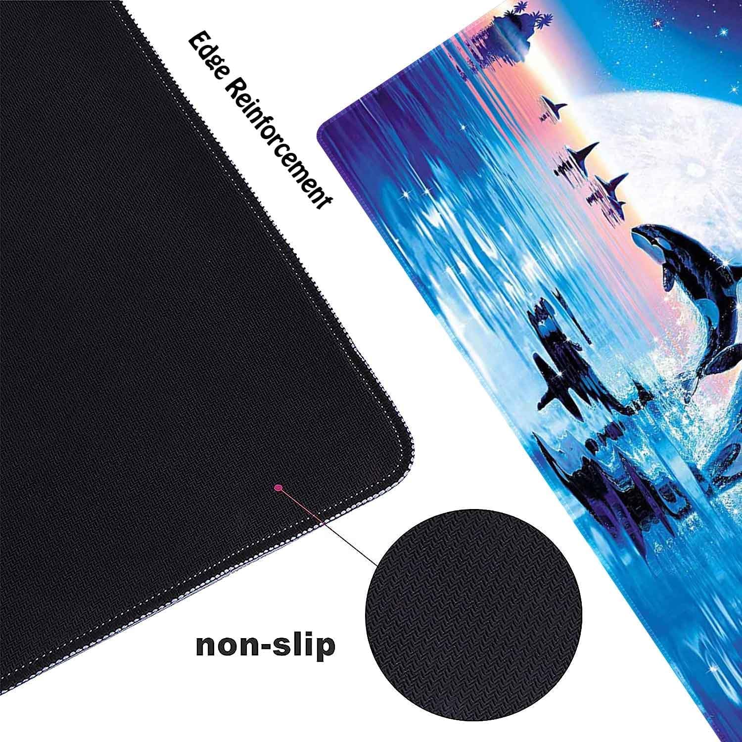 Alfombrilla de escritorio, alfombrilla de mouse grande para escritorio, alfombrilla de mouse para juegos, luz de luna y delfines, base de goma