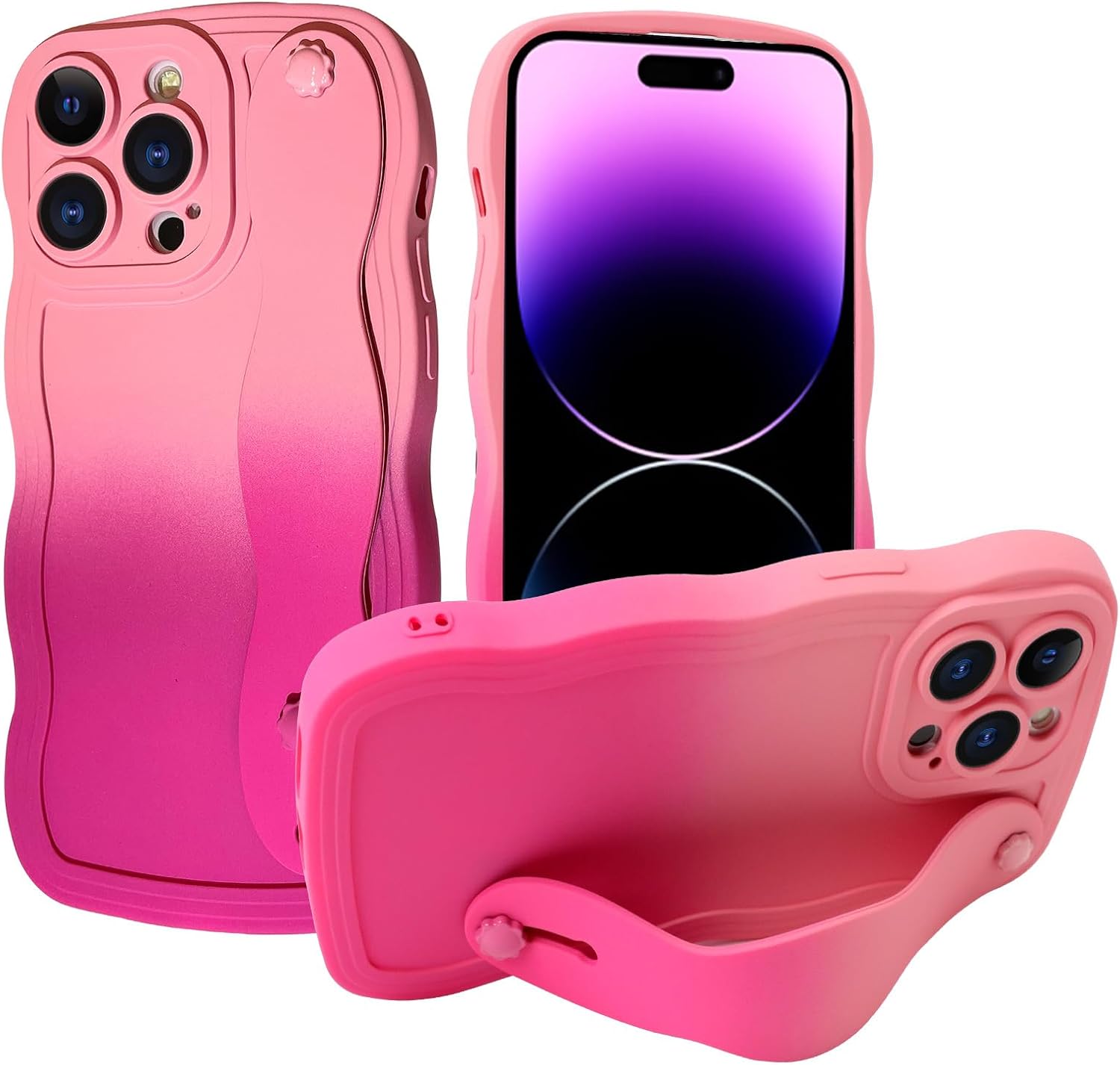 OOK Bonita funda con forma de marco ondulado rizado para iPhone 14 Pro Max con soporte de pulsera ajustable silicona suave a prueba de golpes,