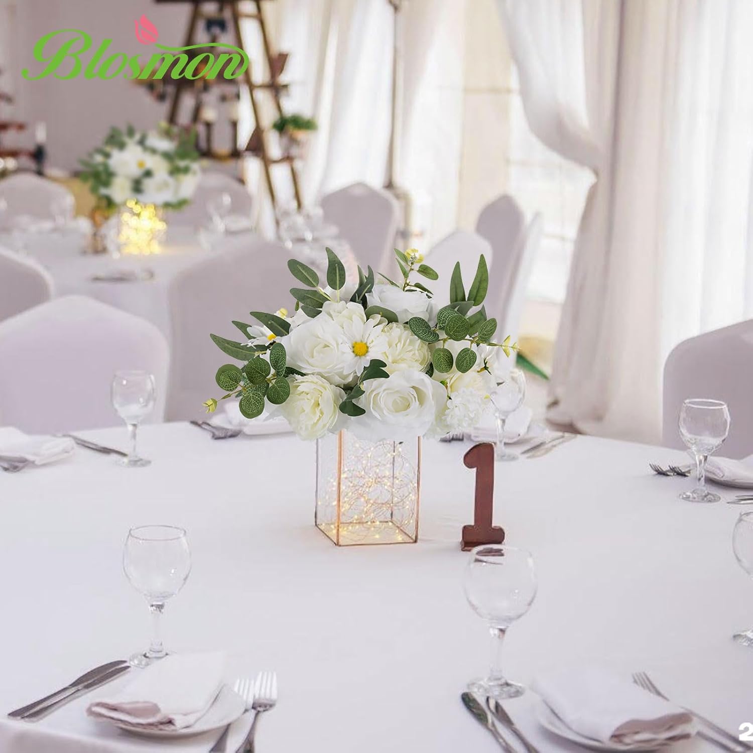 BLOSMON Centros de mesa de boda de bola de flores artificiales, 10 piezas de 9.8 pulgadas, flores falsas blancas de rosas, arreglos florales, piezas