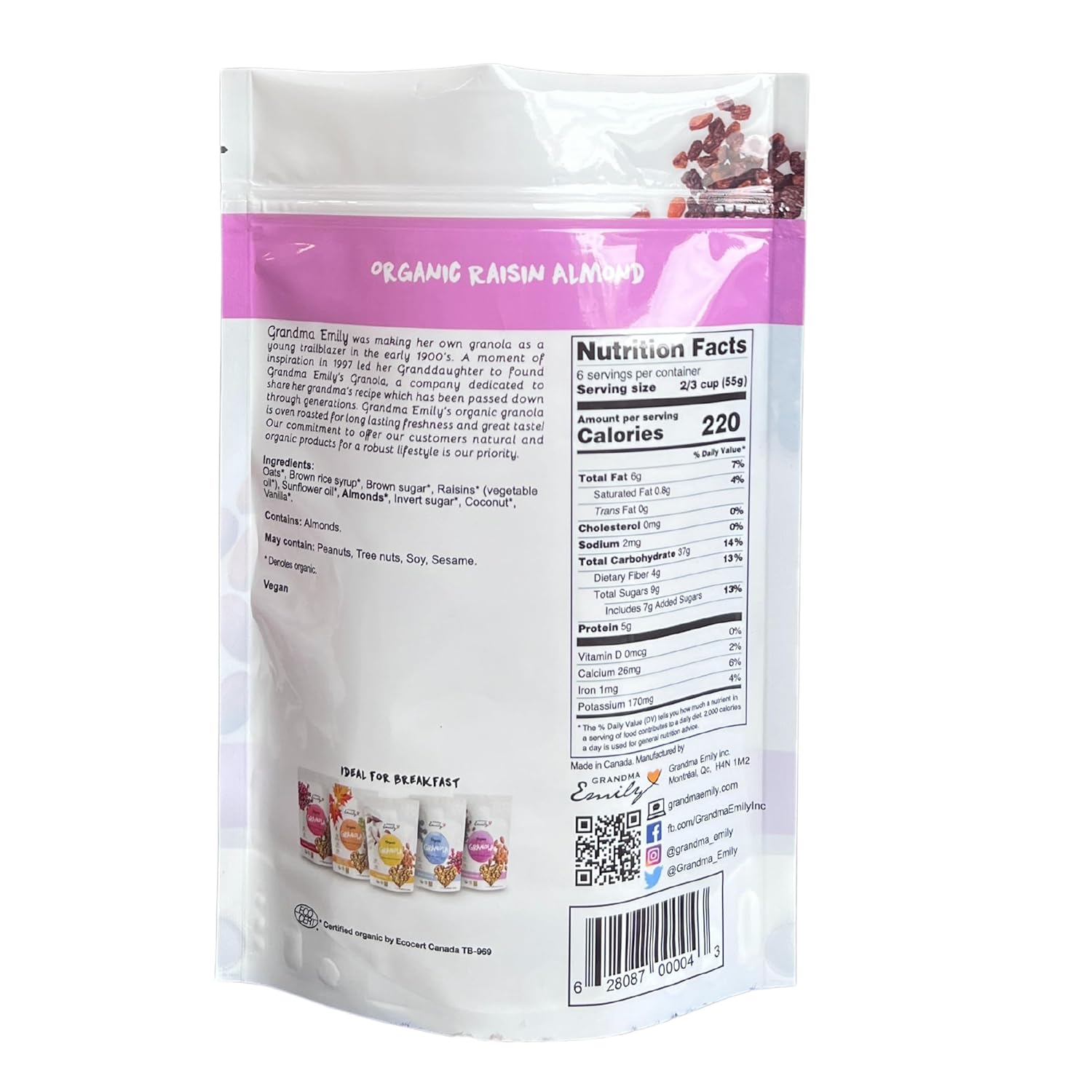 Grandma Emily Cereal orgánico de granola de almendras y pasas, 12 onzas