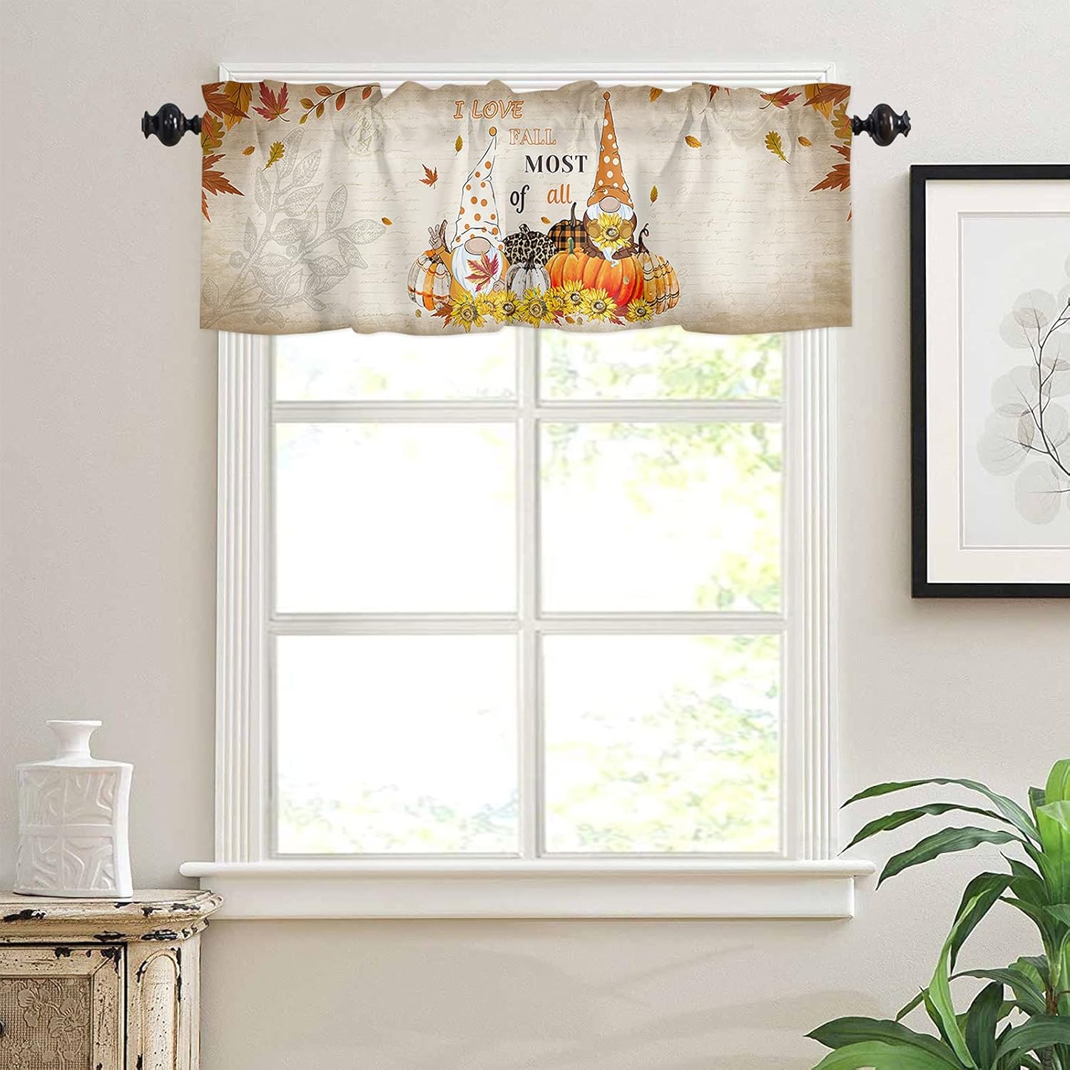 Cenefa de cortina de cocina de gnomo de otoño, cenefa de cortina de calabaza de Acción de Gracias, bolsillo para barra, 1 panel de cenefas pequeñas
