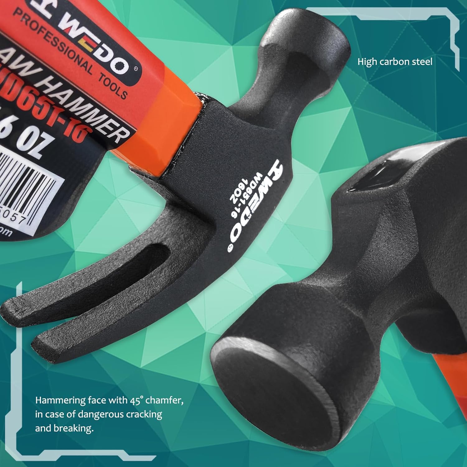 WEDO Martillo de garra de 8 onzas, martillo de marco con asas de fibra de vidrio, cabeza de acero de alto carbono, longitud 10.630 in, resistente a