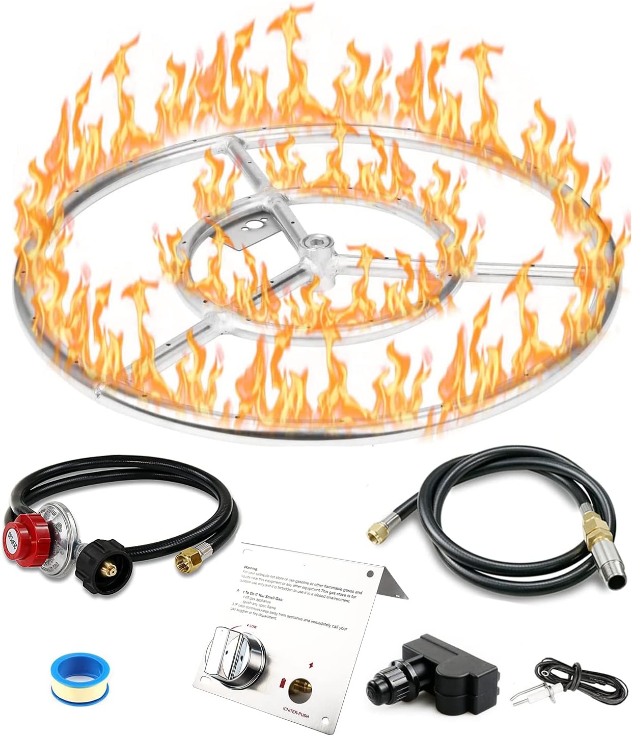 Hisencn Kit de anillos para quemador de fogata de 24 pulgadas, acero inoxidable 304, inserto redondo con encendido por chispa y manguera de propano