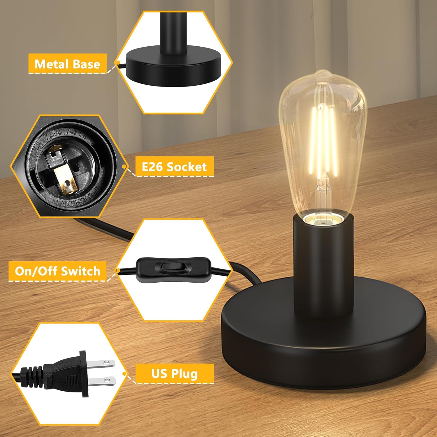 Licperron Base de lámpara de mesa, E26 E27, mini luz negra de escritorio sin sombra, soporte pequeño de metal corto Edison bombilla base de bombilla