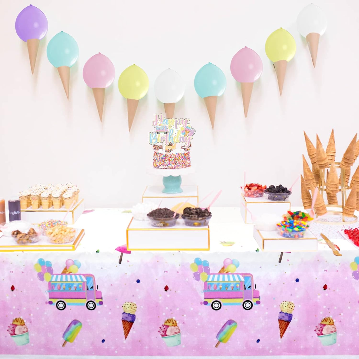 KEFAN Mantel de fiesta de cumpleaños de 4 piezas, mantel de helado de verano, decoración de mesa de fiesta de verano para baby shower, fiesta de