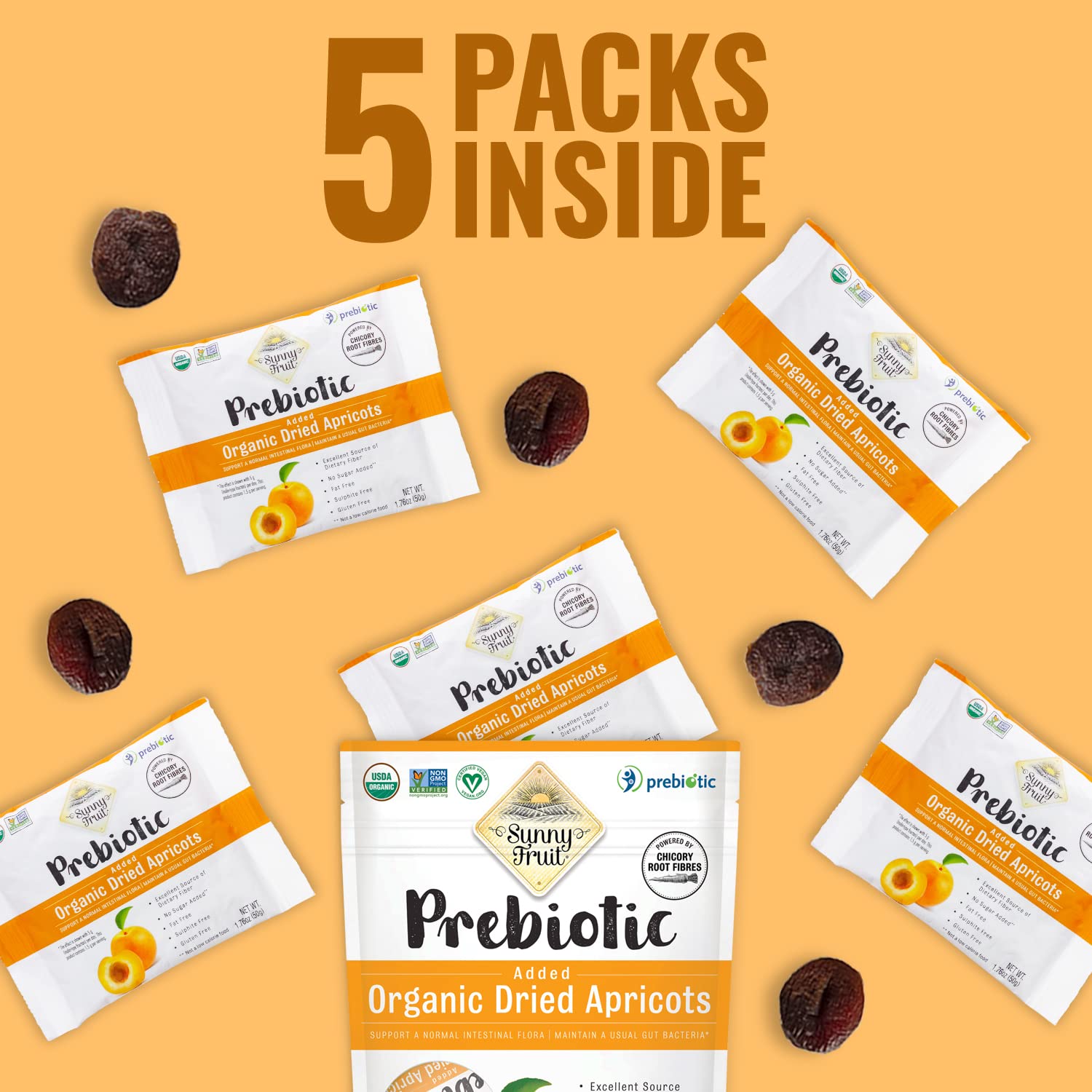 Albaricoques secos prebióticos orgánicos  Sunny Fruit  (5) paquetes de porciones de 1.76 onzas por bolsa  Albaricoques puramente  Sin azúcares,