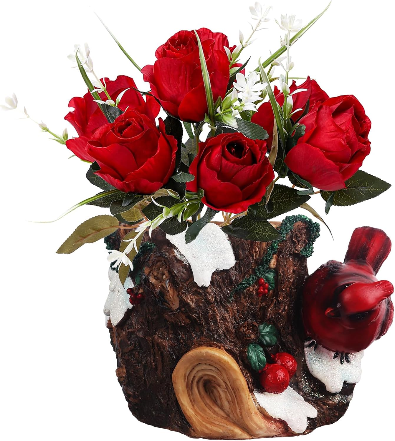 bocola Decoraciones de cementerio para tumba, jarrón de resina con rosa artificial roja de seda para decoración de tumbas, estaca de jardín