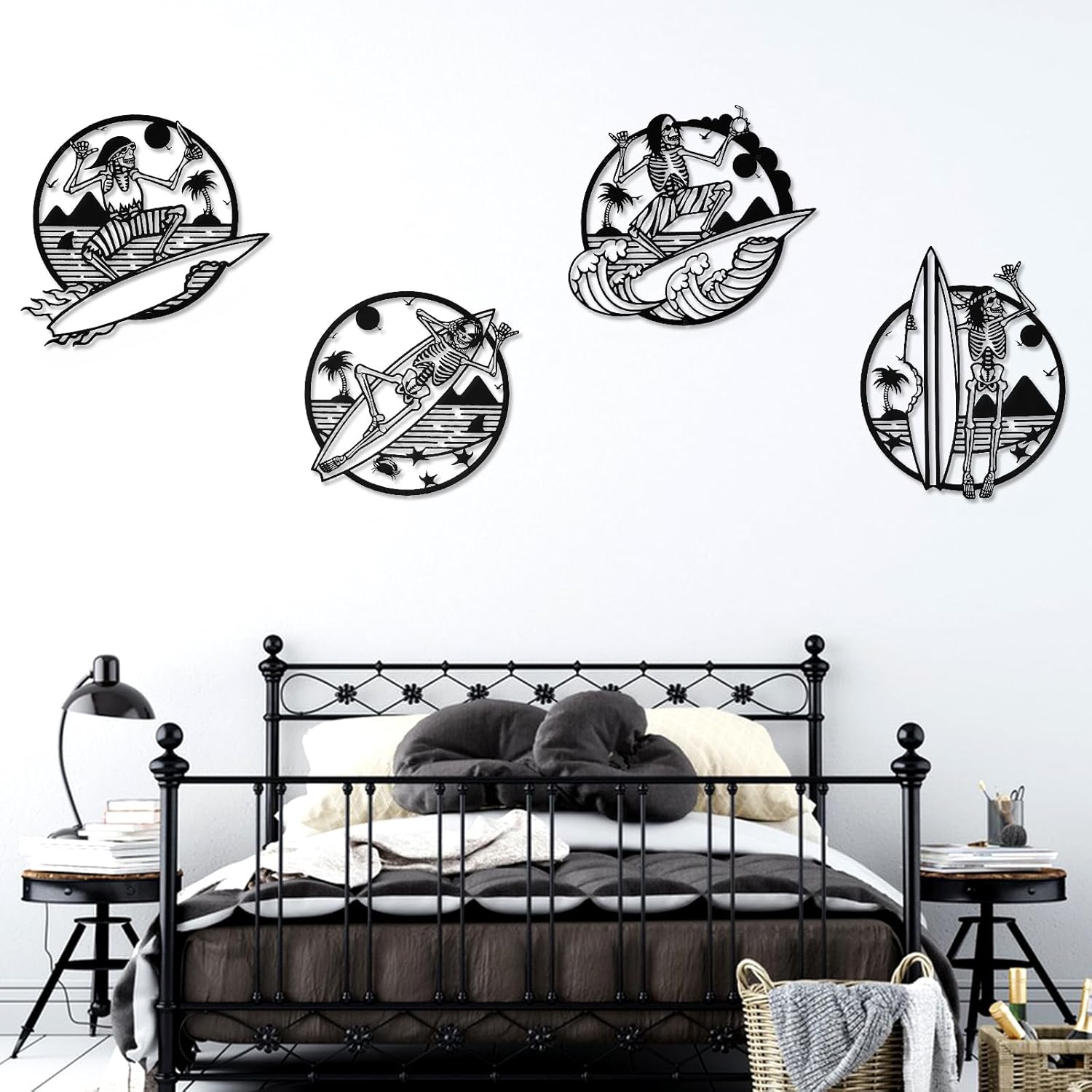 4 piezas de arte y decoración de pared de esqueleto, divertida decoración de pared de metal de calavera, decoración de pared de Halloween, arte de