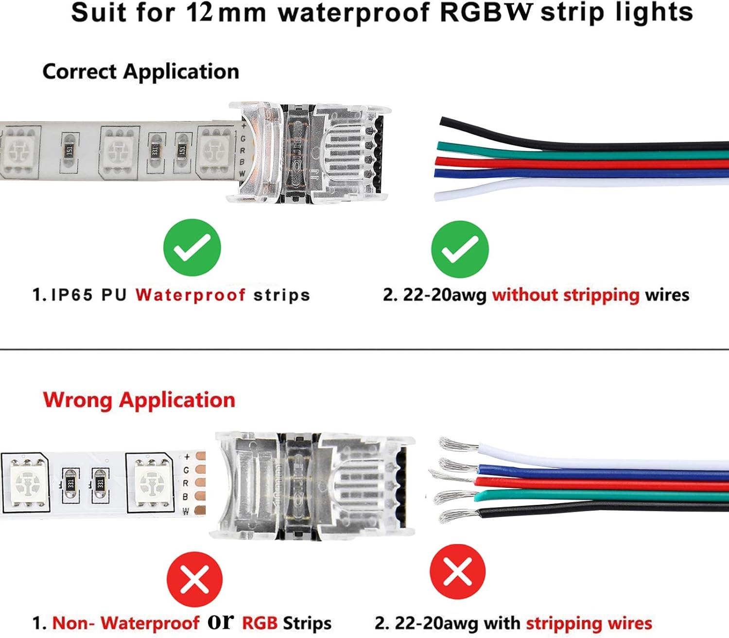 SUPERNIGHT Conectores LED de 5 pines, paquete de 8 para tiras de luces LED impermeables RGBW RGBWW 5050, conexión rápida de tira a cable sin