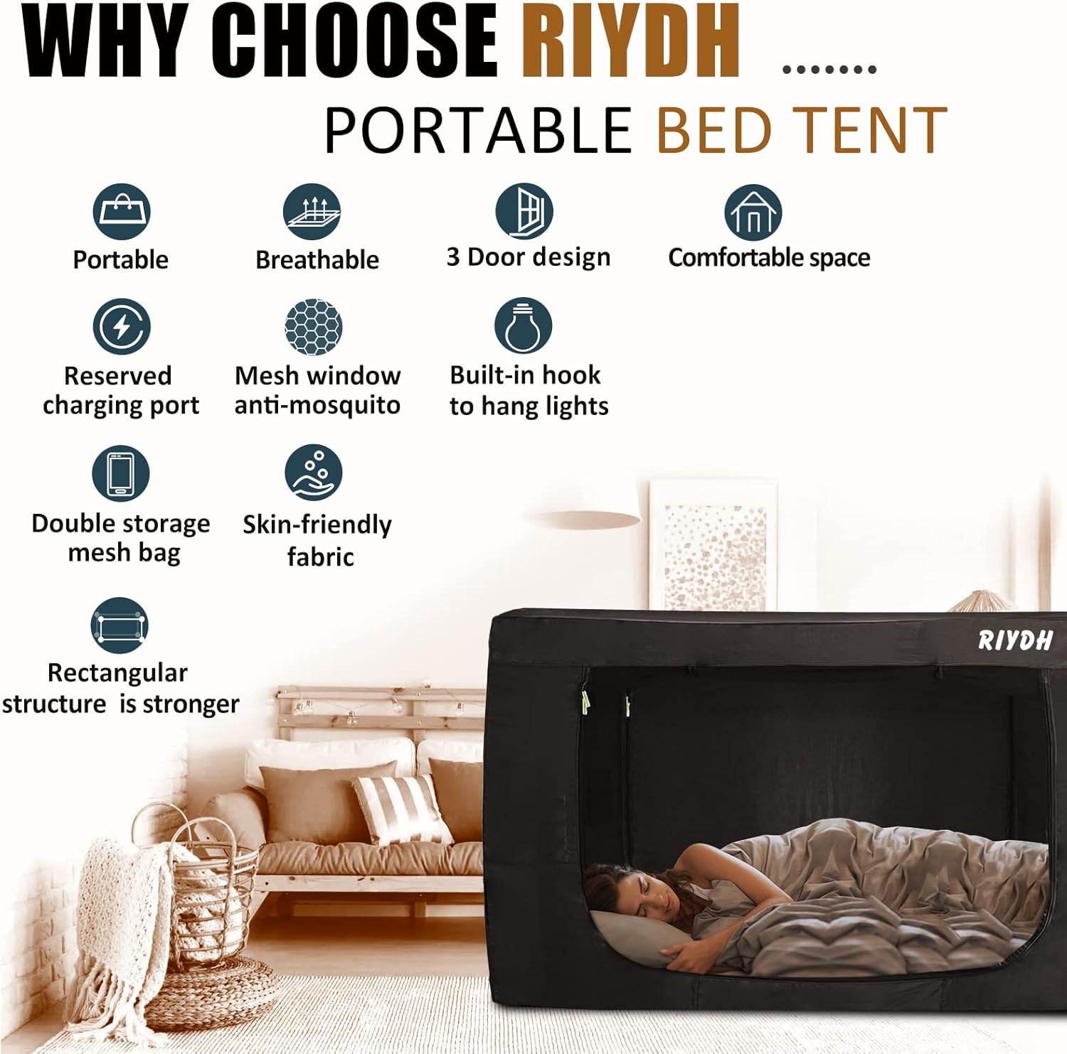 RIYDH Tienda de campaña con dosel de cama individual para adultos, tienda de campaña portátil de ensueño para interiores, 70% de opacidad con 3