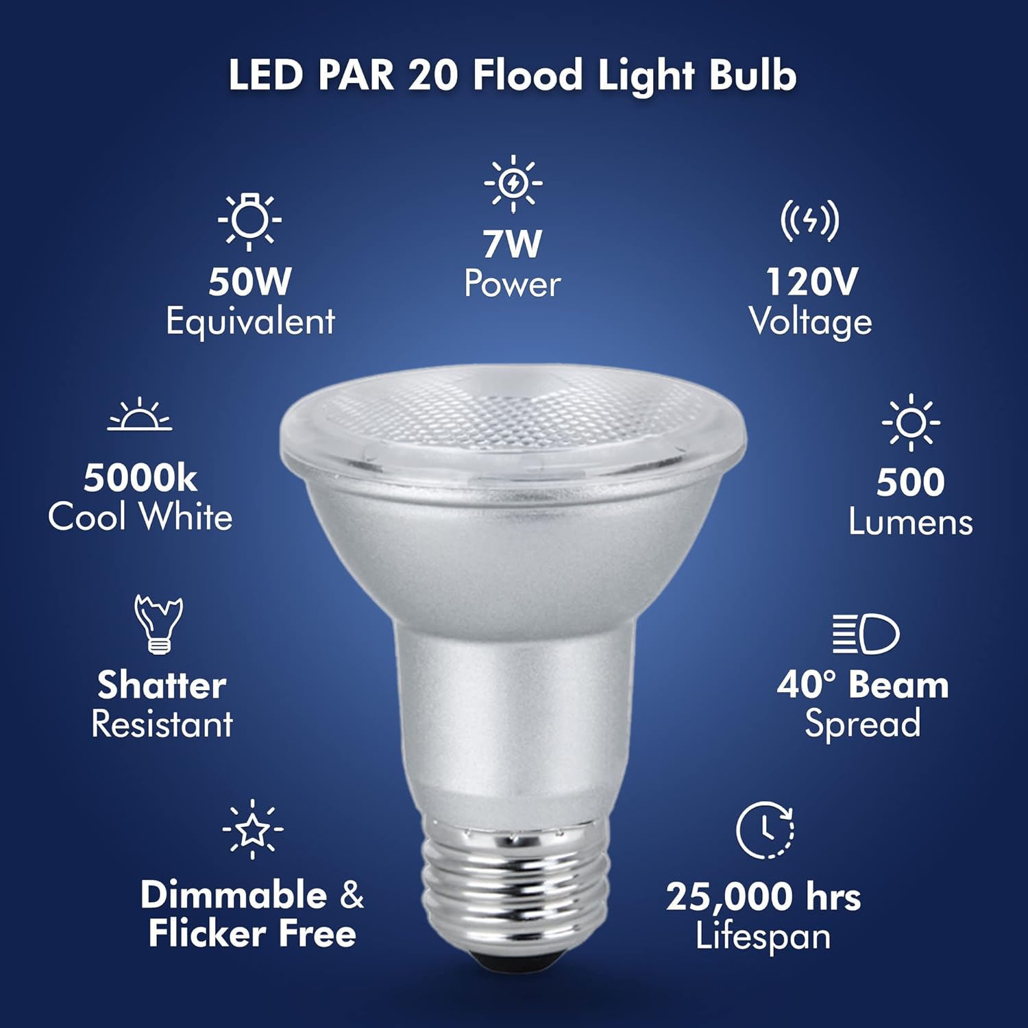 Xtricity Bombilla LED PAR20 regulable, 7 vatios (equivalente a 50 W), 500 lúmenes, luz diurna de 5000 K, 120 V, interiorexterior, certificado Energy