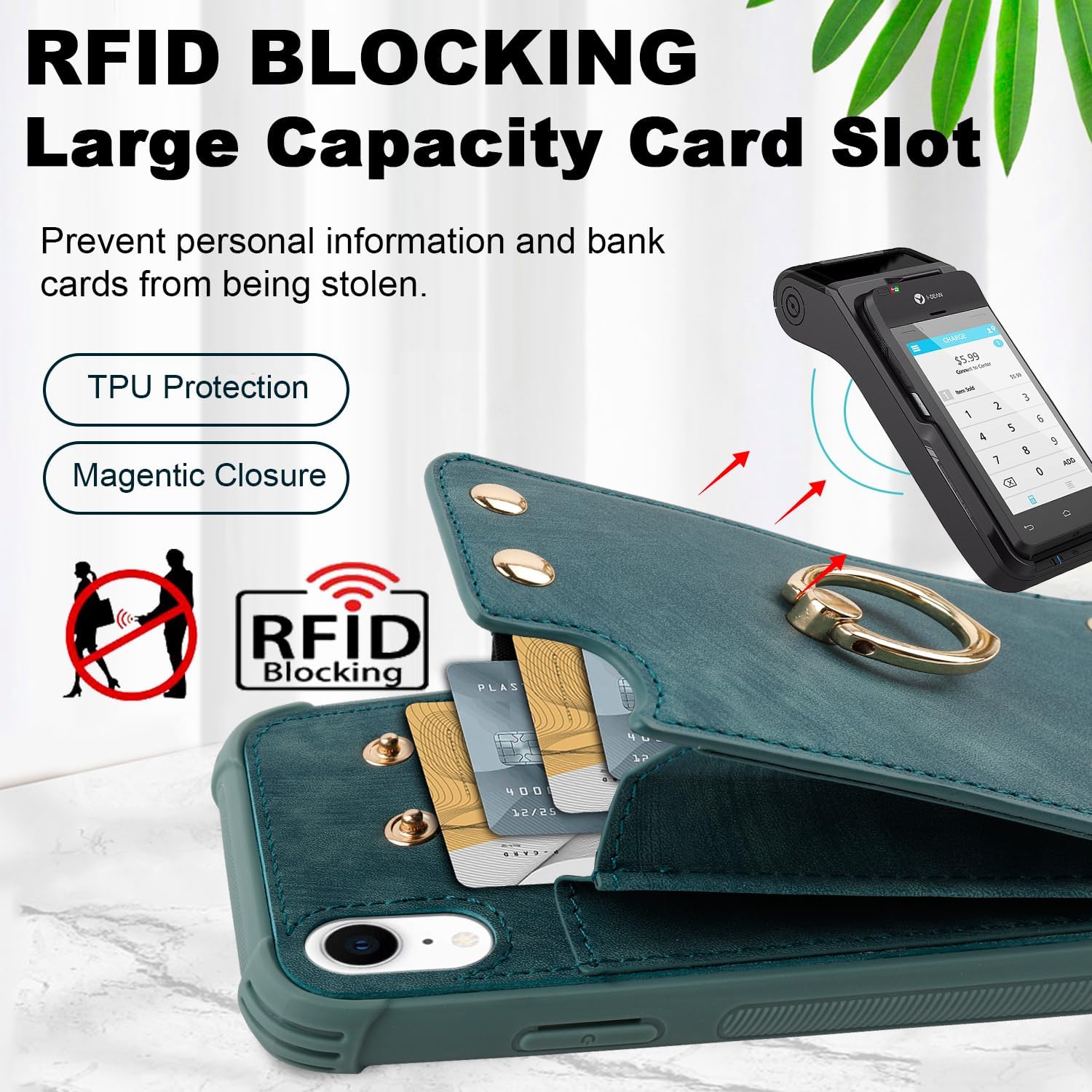 Funda tipo cartera para iPhone XR10R con tarjetero de crédito, funda protectora de cuero a prueba de golpes compatible con anillo de rotación de 360