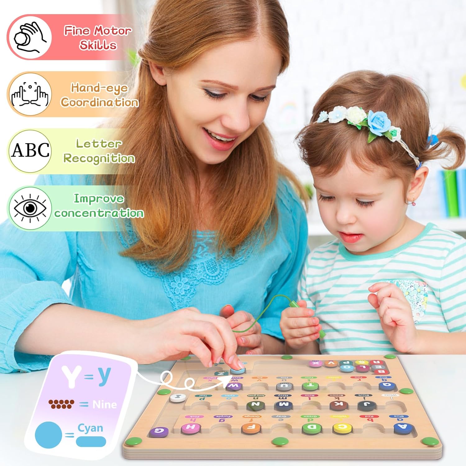 TUEVAK Tablero magnético del laberinto del alfabeto, rompecabezas de aprendizaje ABC, juguetes de clasificación de colores y números para niños