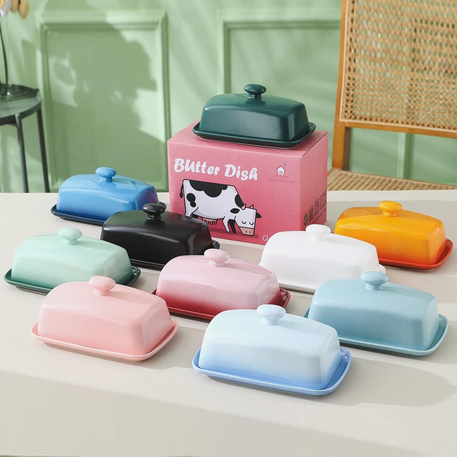 Candiicap – Mantequillera grande de porcelana con tapa, plato de mantequilla clásico que cambia de color para encimera, soporte grande para