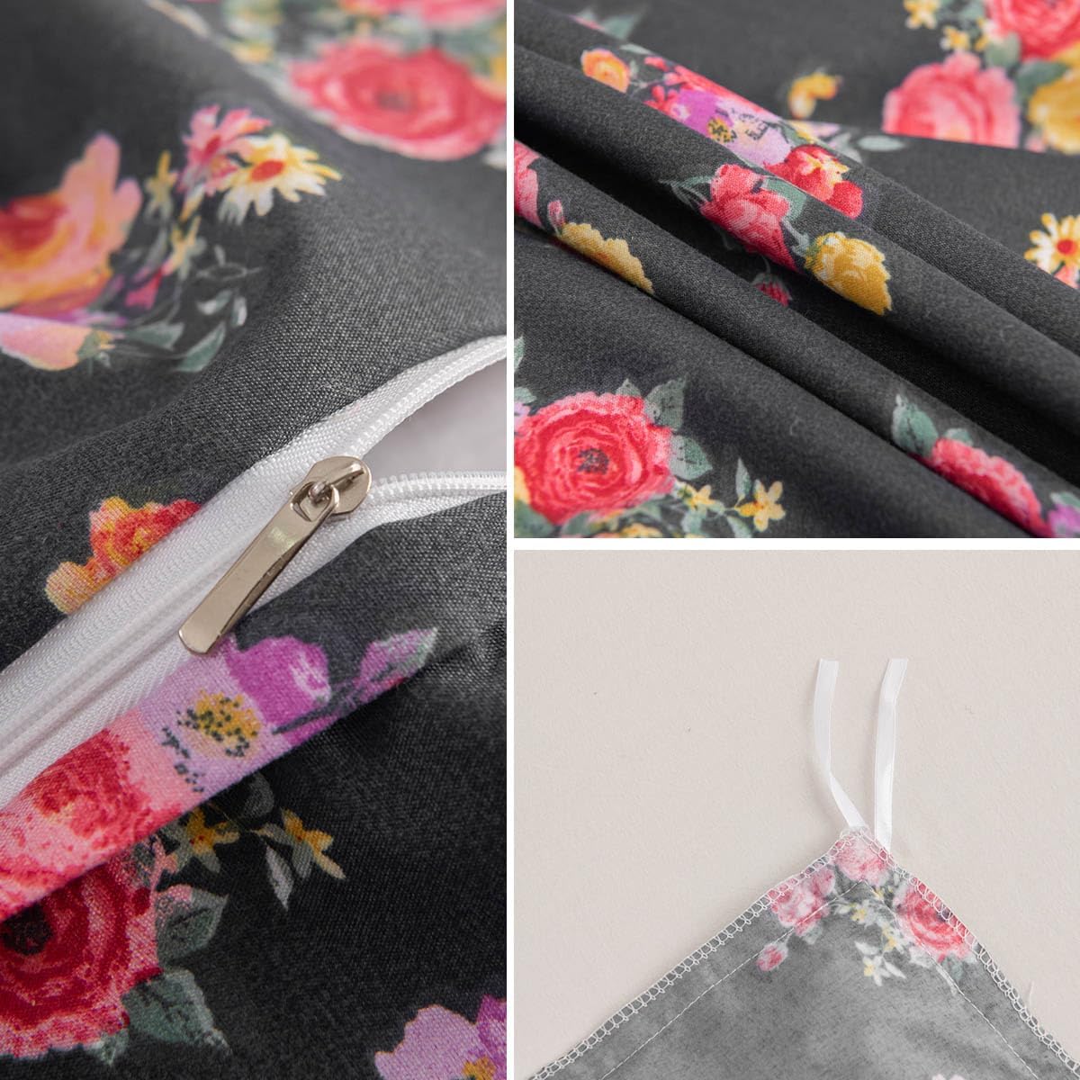 MR.FEATHER Juego de edredón floral Queen, juego de ropa de cama negro de 3 piezas de microfibra suave y duradera con elegantes juegos de estampado