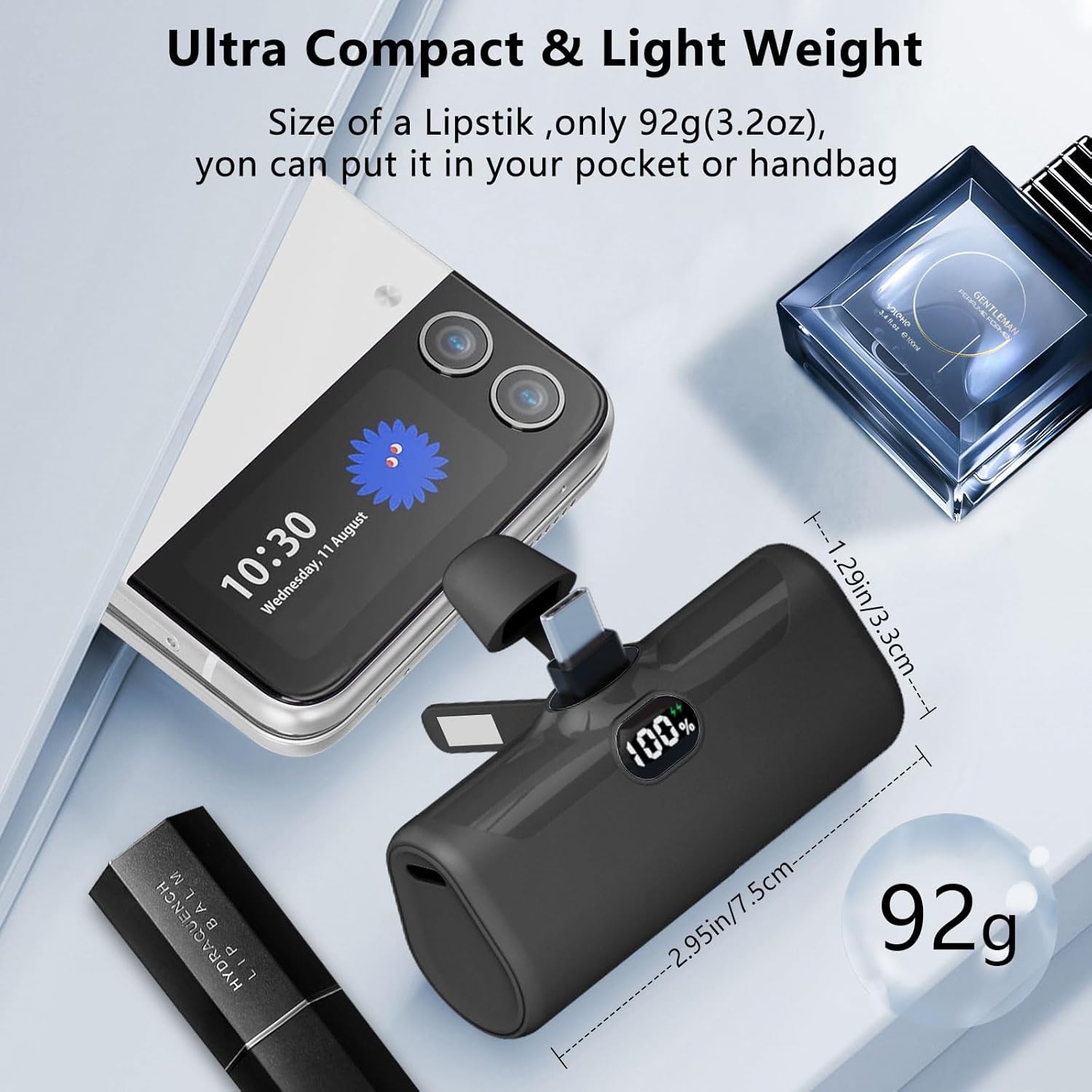 Cargador portátil pequeño USB C, 5000 mAh, ultra compacto, mini banco de energía integrado, soporte para teléfono y luz LED, pantalla LCD PD15W