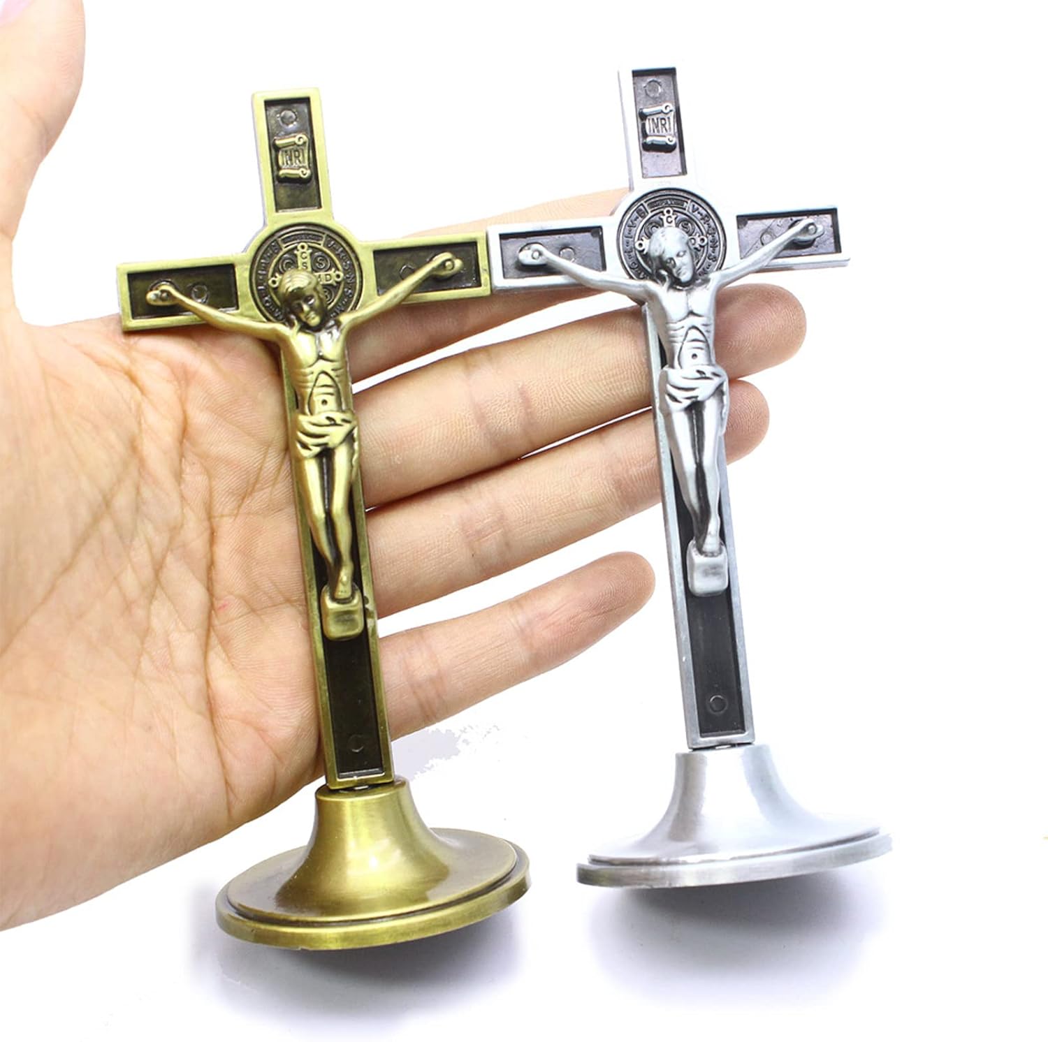 Crucifijo de pie con soporte desmontable, 4.5 pulgadas de metal católico de Jesucristo Cruz de Jesús estatua escultura para el hogar, oficina,