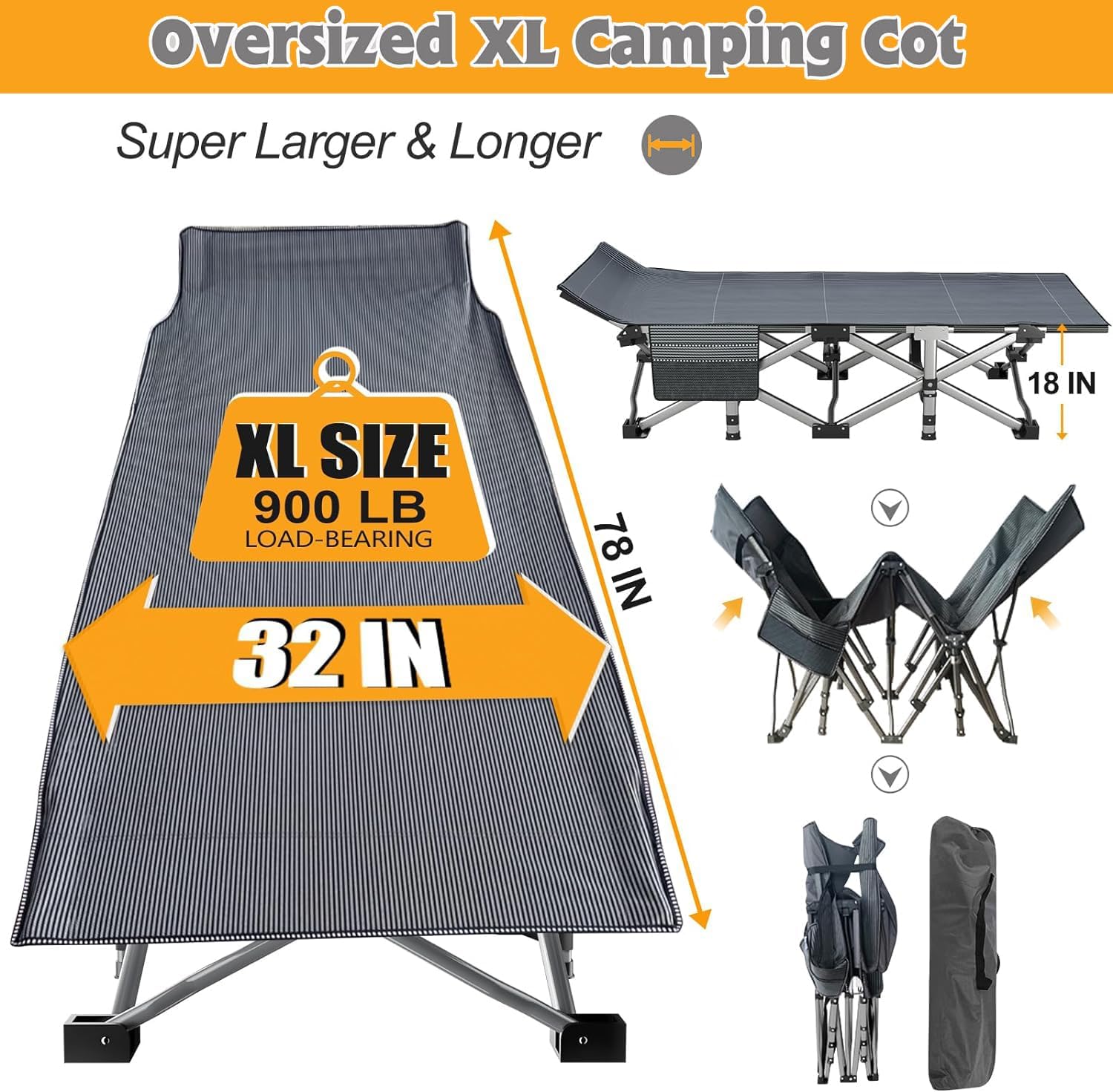 ABORON Catres plegables de campamento para adultos, catre de carga de doble capa 1200D 500lb para dormir, cama de invitados resistente con bolsa de
