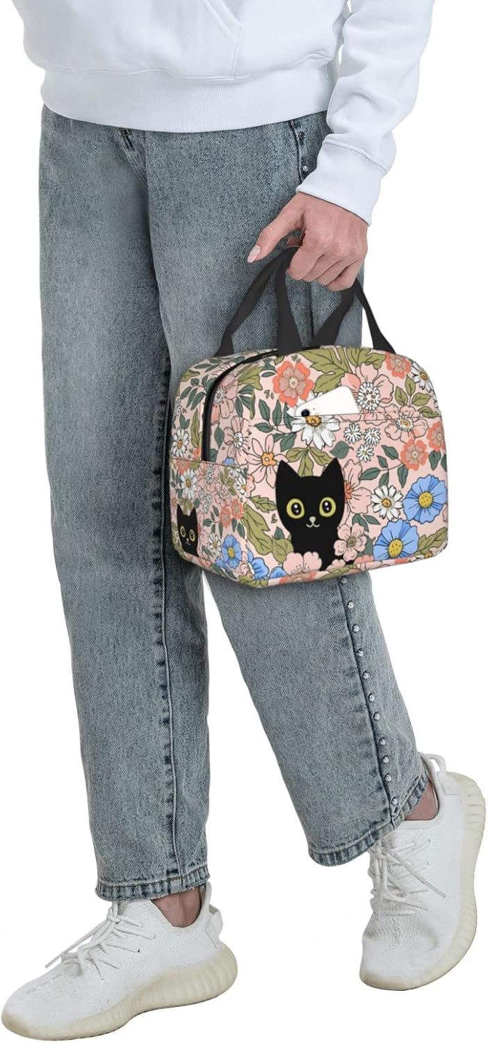HIZUWKY Lonchera con diseño floral de gato negro, reutilizable, aislada, para adolescentes, niñas, niños, mujeres, para escuela, viajes, picnic,