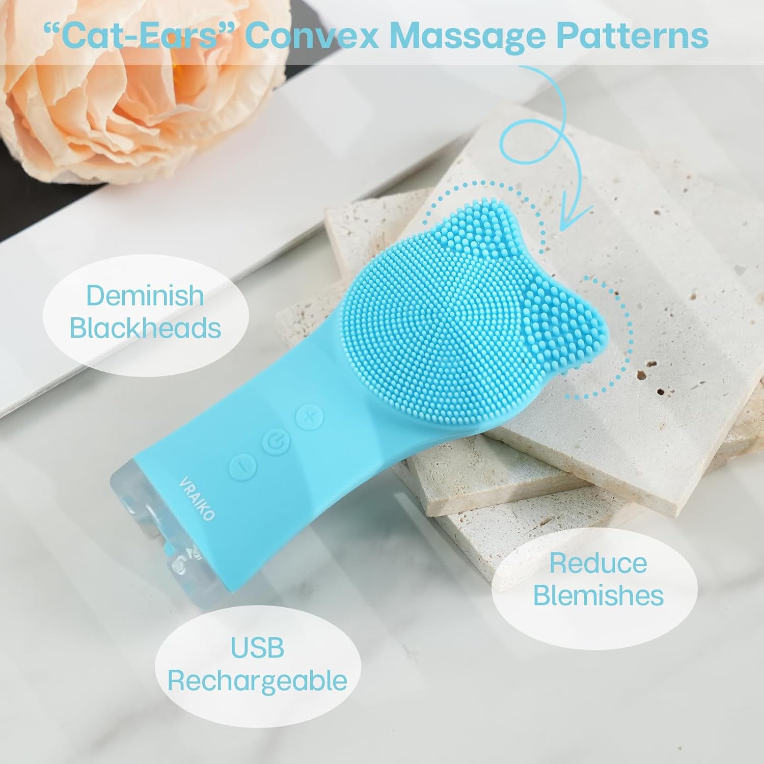 VRAIKO MIA Cepillo de limpieza facial, cepillo de limpieza facial recargable impermeable, con silicona suave y vibración sónica ajustable, para