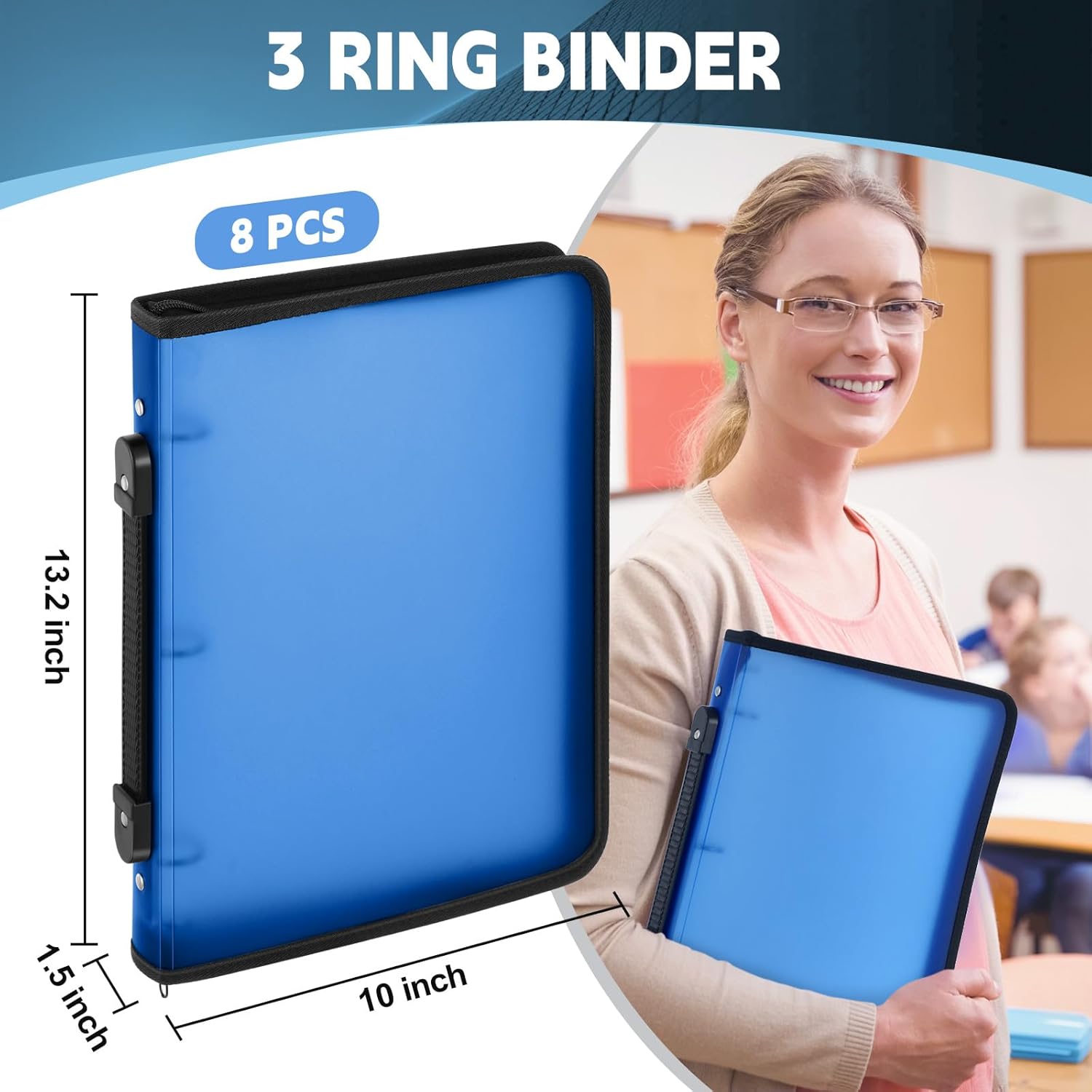 Teling Paquete de 8 carpetas con cremallera de plástico transparente de 3 anillas para proyectos, tareas, notas, trabajo escolar (azul)