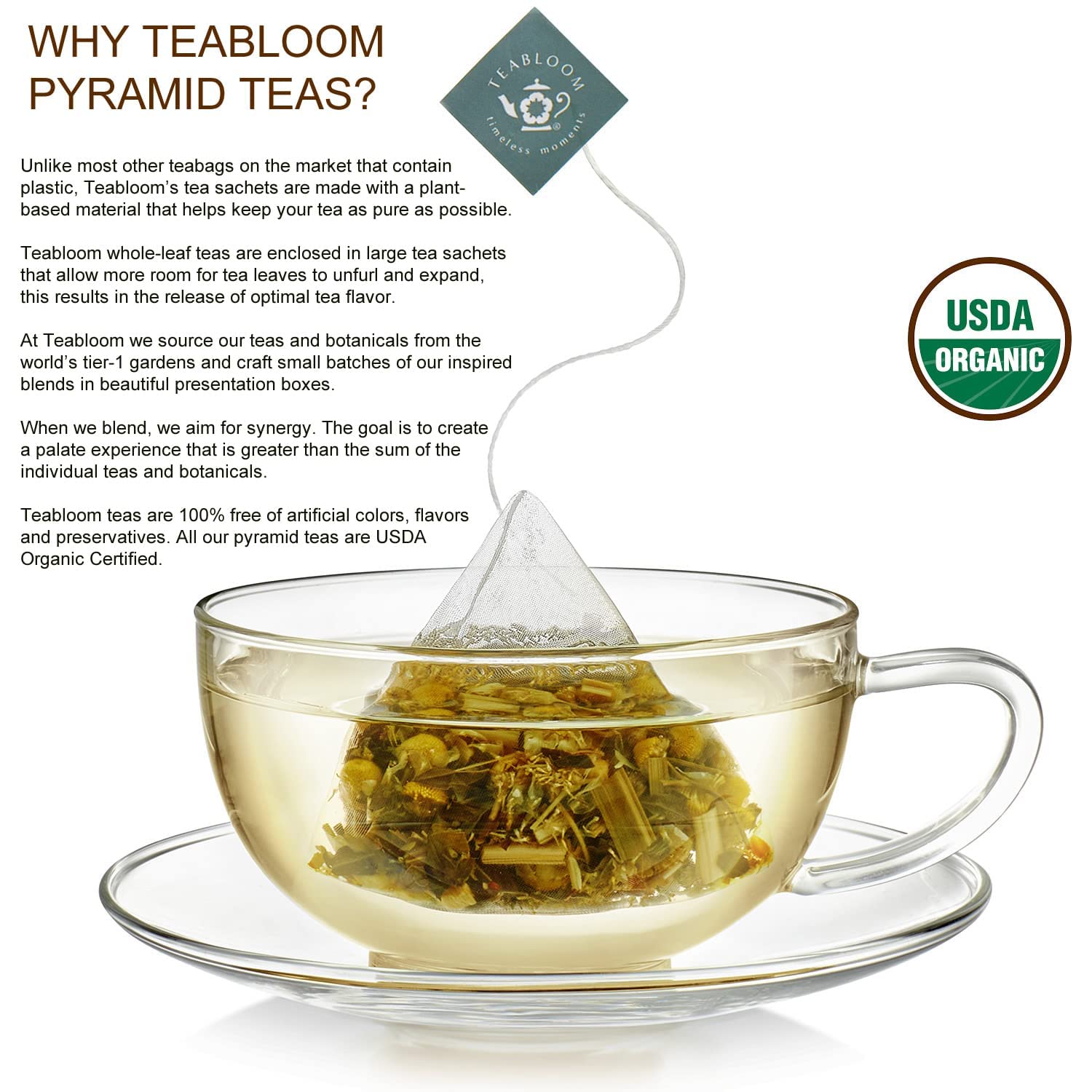 Teabloom – Colección de té piramidal más fina del mundo, 24 variedades de tés orgánicos certificados por USDA – Té negro, té verde, té blanco, té
