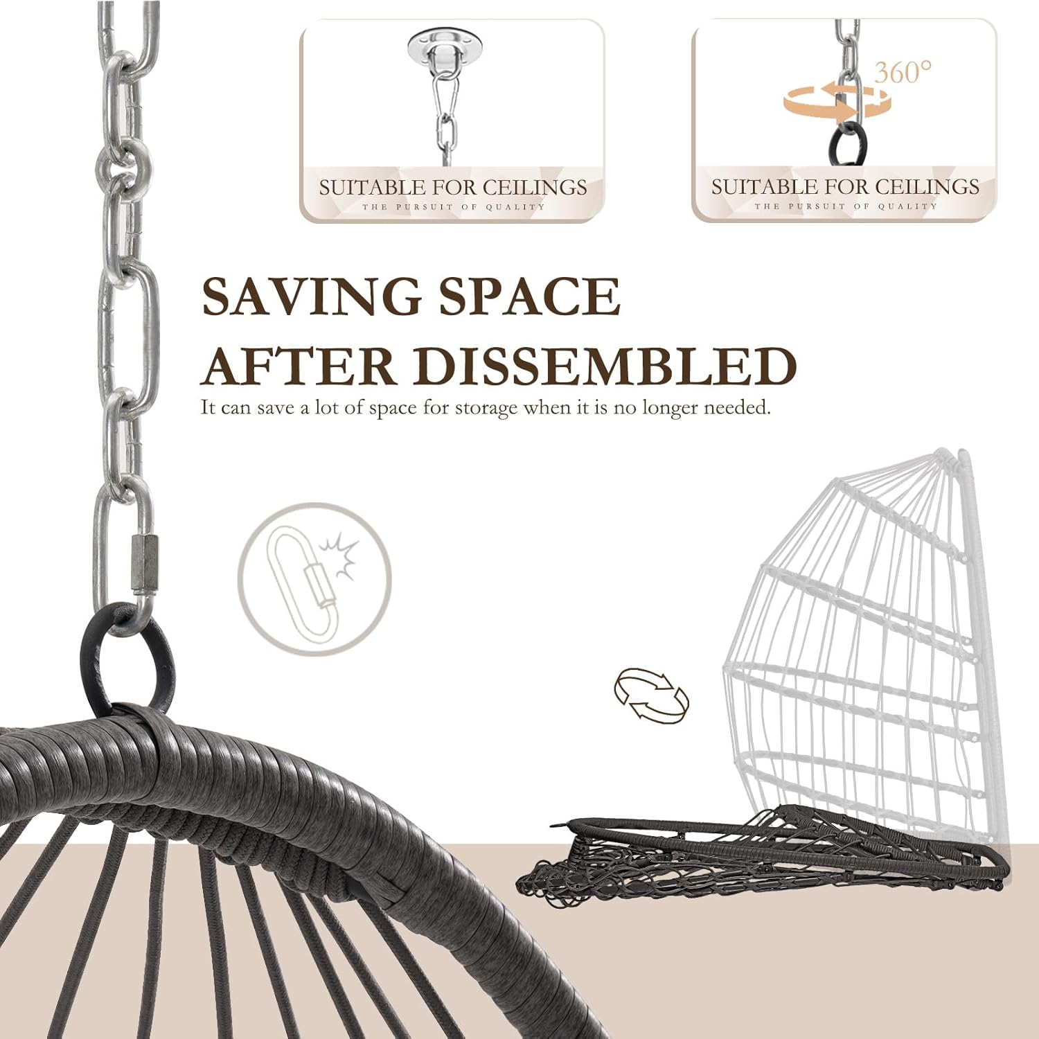 Brafab Silla colgante con forma de huevo sin soporte, silla hamaca plegable de mimbre con marco de acero galvanizado, cojínreposacabezas, capacidad