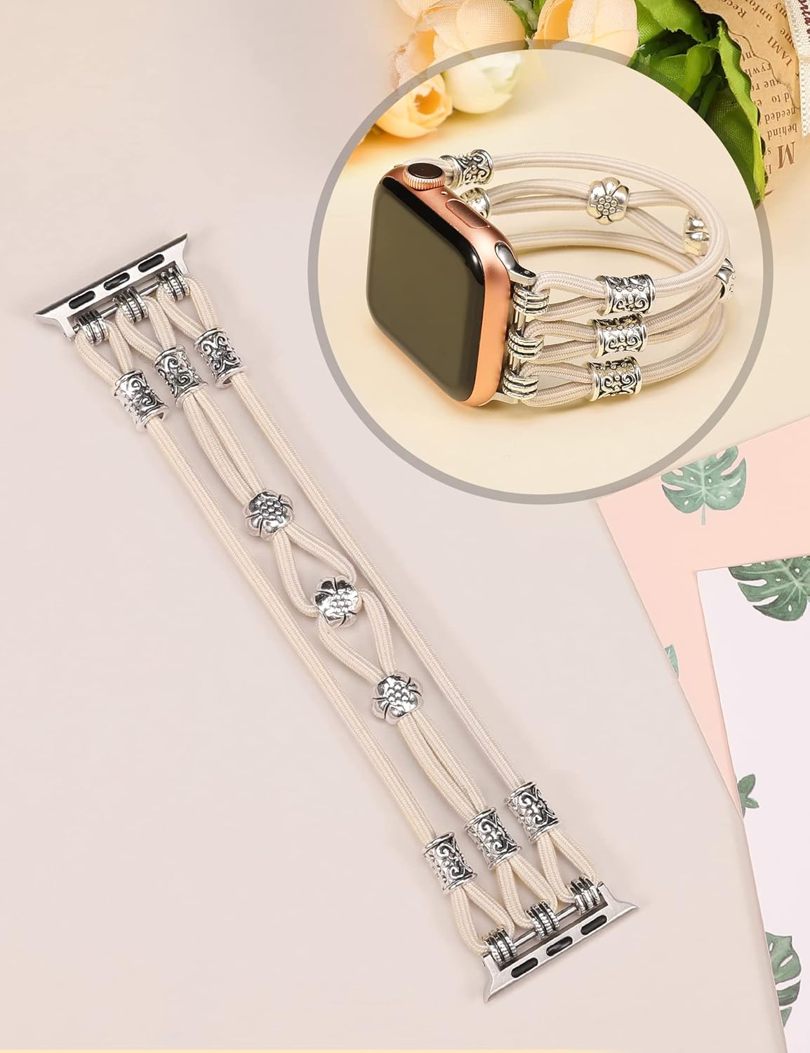 TOYOUTHS Pulsera de cuentas compatible con Apple Watch Band de 1.92, 1.77, 1.73 y 1.65 pulgadas, correa de nailon elegante para iWatch Series