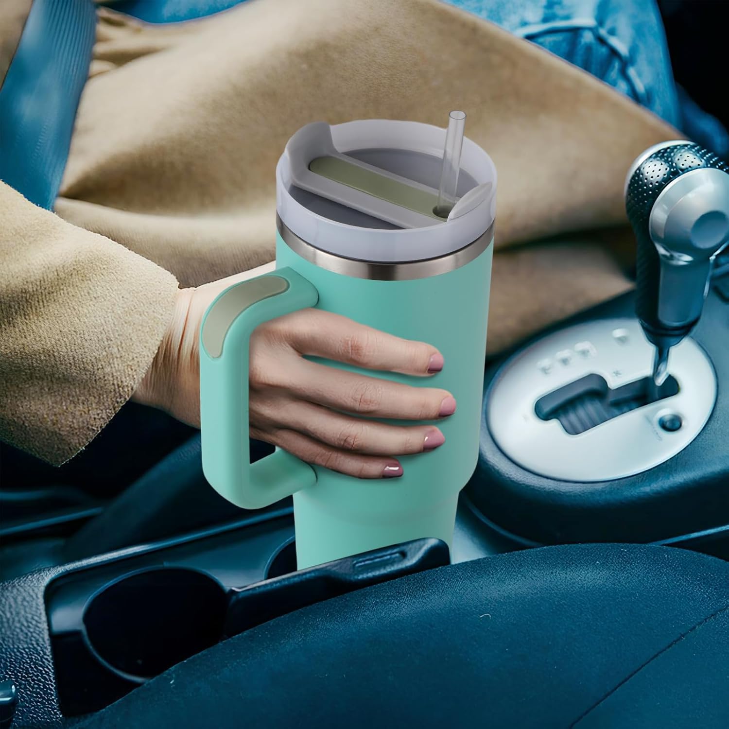 Vaso, vaso de 40 onzas con asa y pajita, vaso de acero inoxidable con tapa y tapa para pajilla, taza de viaje aislada al vacío de doble pared, vaso