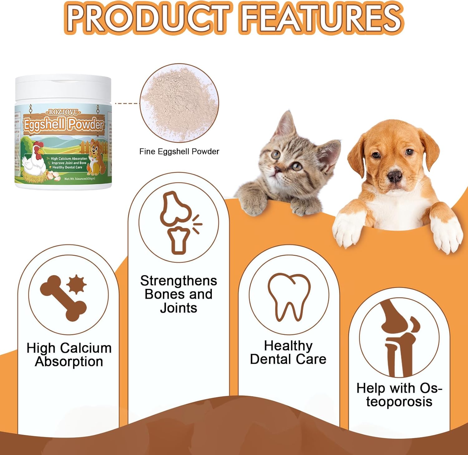 Polvo de cáscara de huevo para perros y gatos, suplemento de calcio de cáscara de huevo, ideal para la osteoporosis, nutre los huesos, apoya las