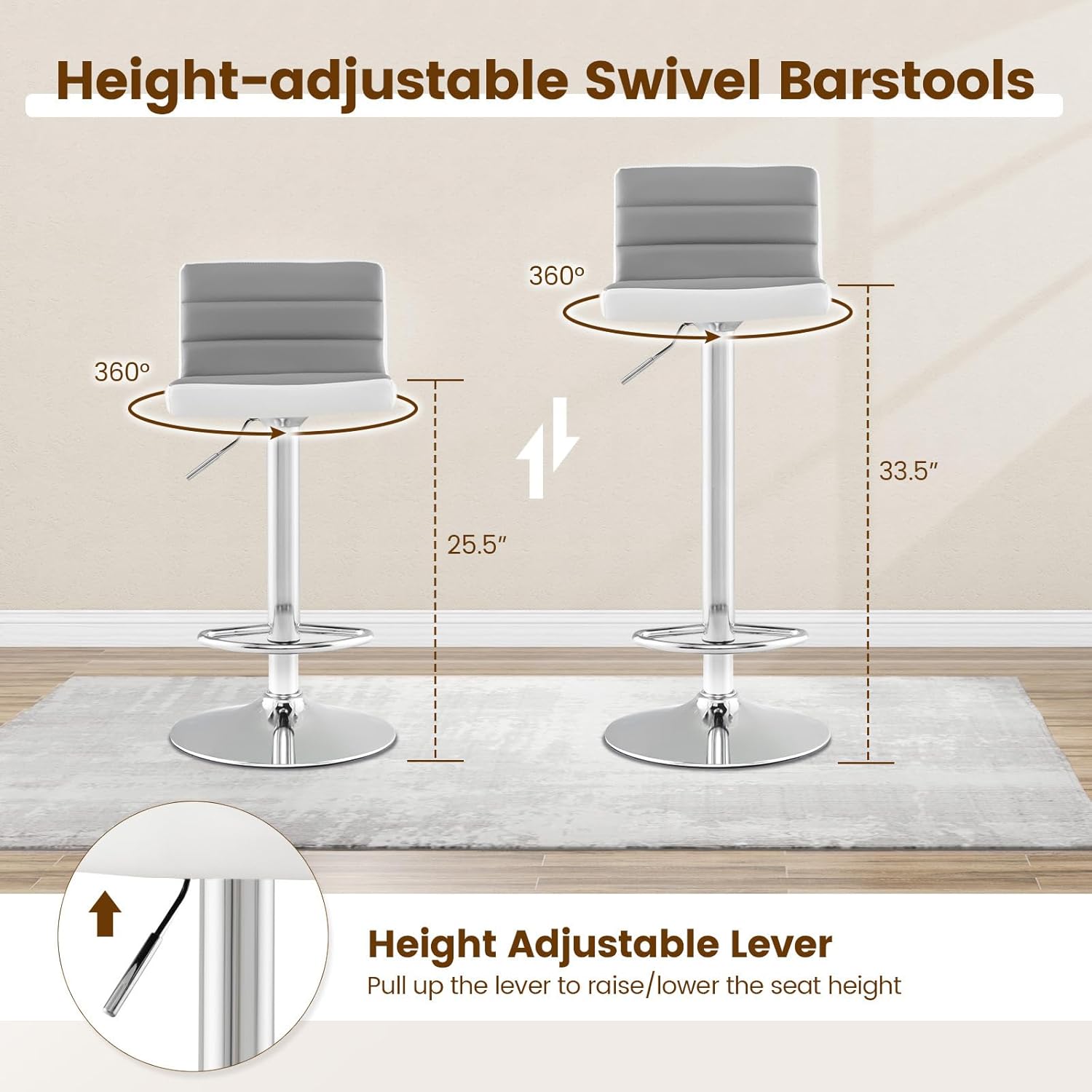 COSTWAY Juego de 2 taburetes de bar ajustables, modernas sillas de bar giratorias de piel sintética con respaldo, reposapiés, taburetes de bar