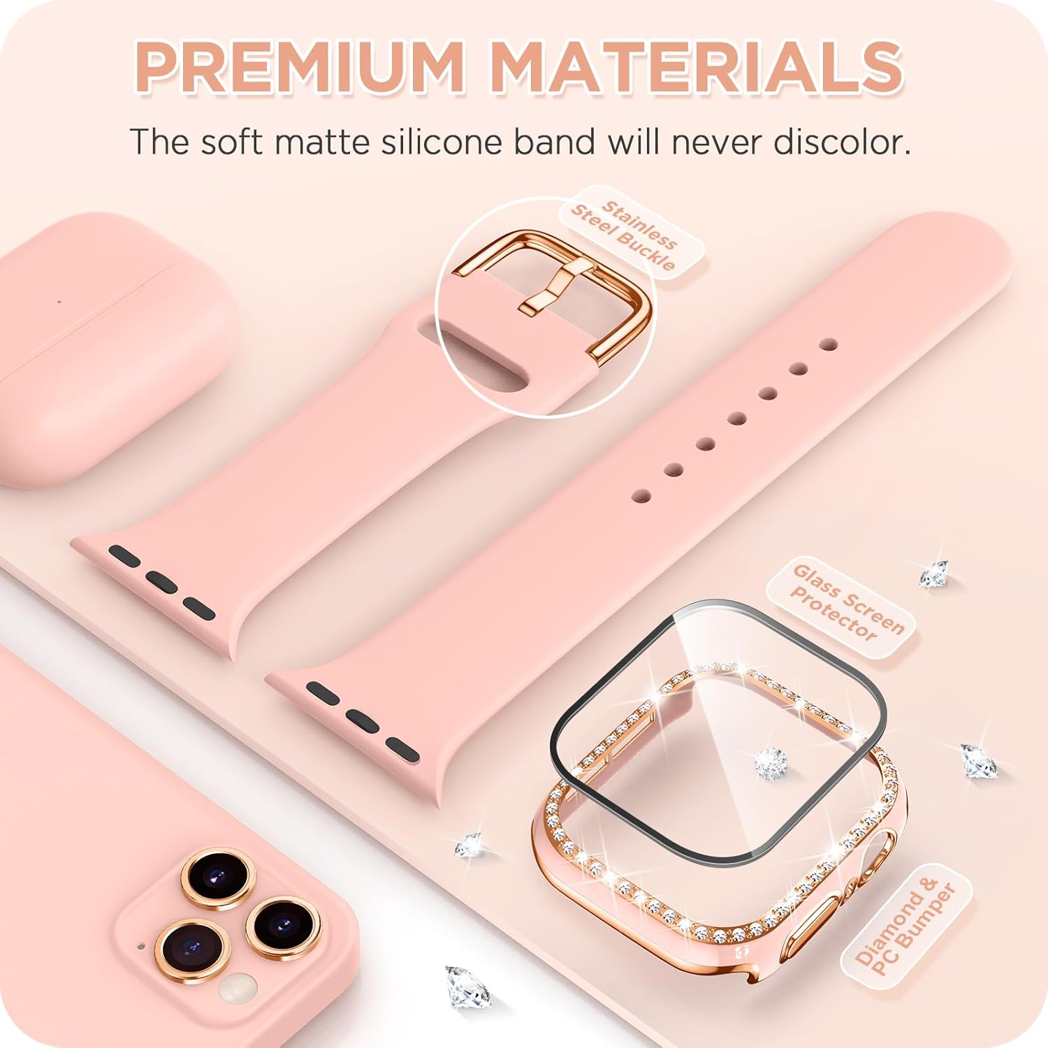 DABAOZA Correa de reloj compatible con Apple Watch con funda de parachoques con purpurina, correa de silicona suave y cómoda con hebilla para iWatch