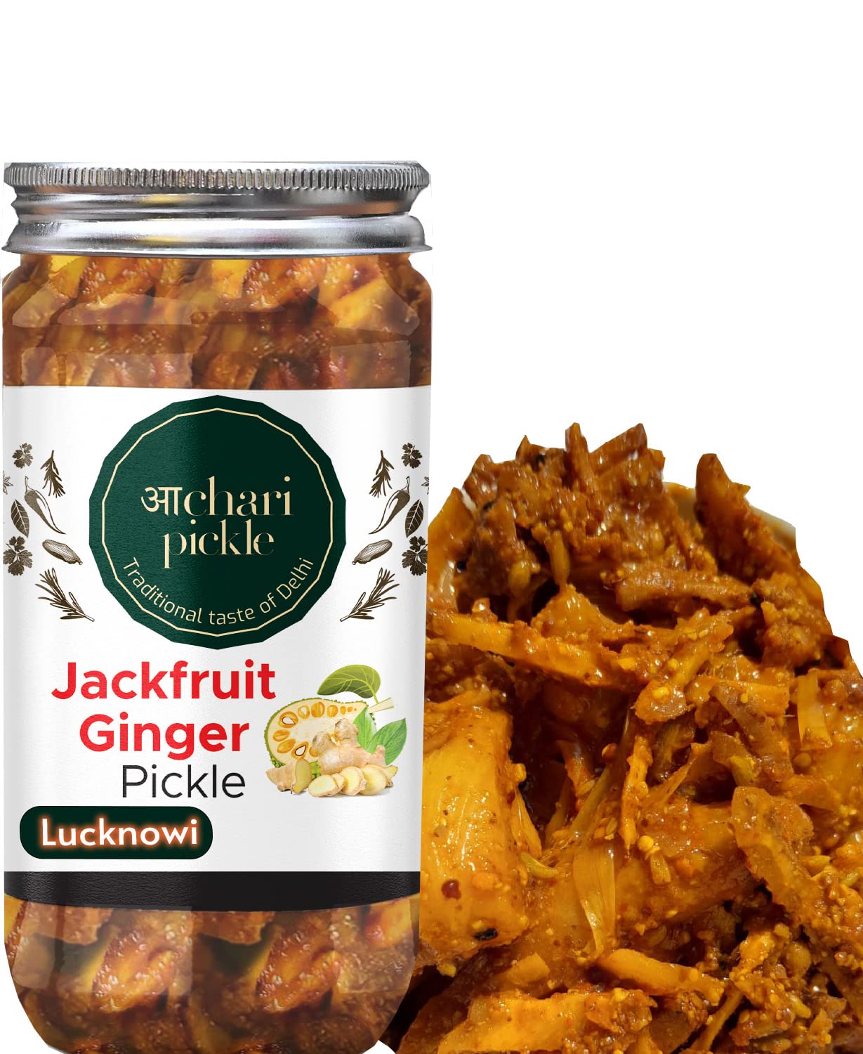 Lucknowi Kathal & Adrak Ka Achar I Encurtido Sabroso Achar Casero (400 gm) Jaca y Pepinillo de jengibre I Pepinillo casero y orgánico