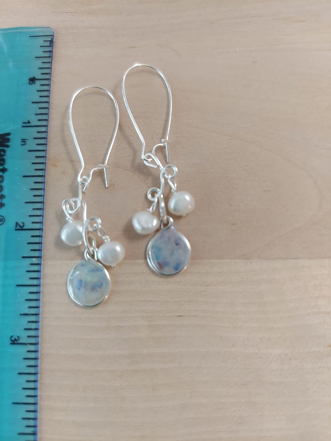Handmade Lightweight Periwinkle Resin and White Pearl Cluster Silvertone Drop Earrings Beads by Bettina
