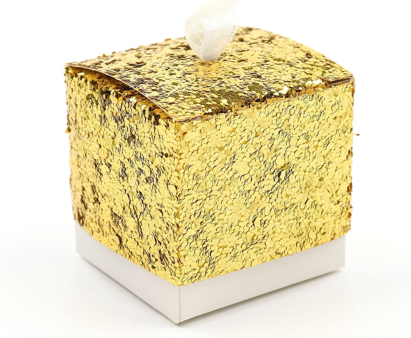 TABLECLOTHSFACTORY – Paquete de 25 cajas de regalo con lentejuelas doradas de 2 pulgadas con lazo de cinta blanca, cajas de recuerdo de fiesta,